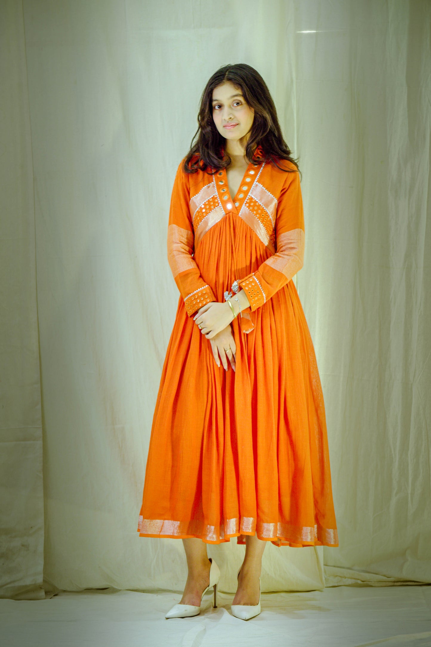 Sunset Reverie – Pure Linen Mirror Work Dress