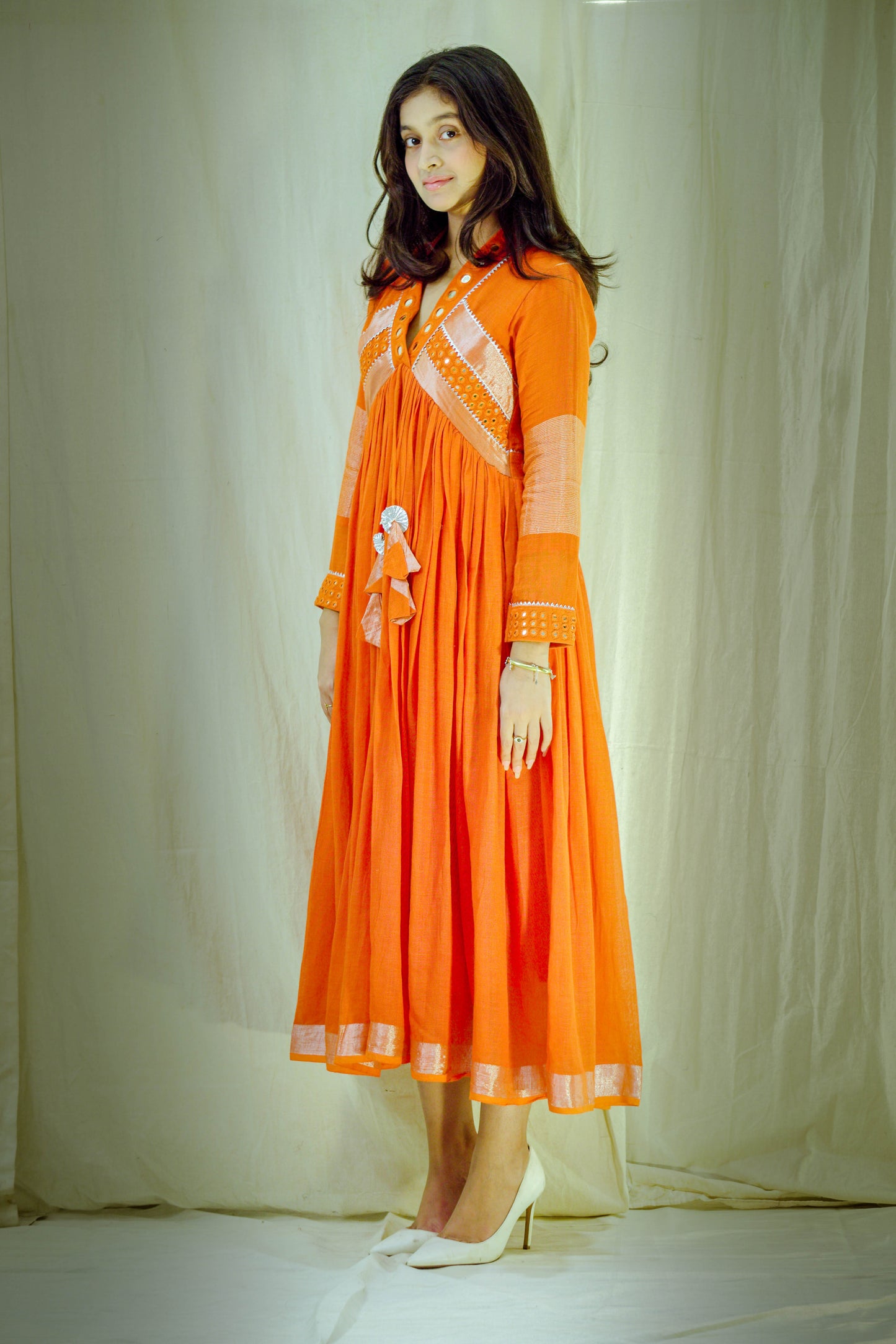 Sunset Reverie – Pure Linen Mirror Work Dress