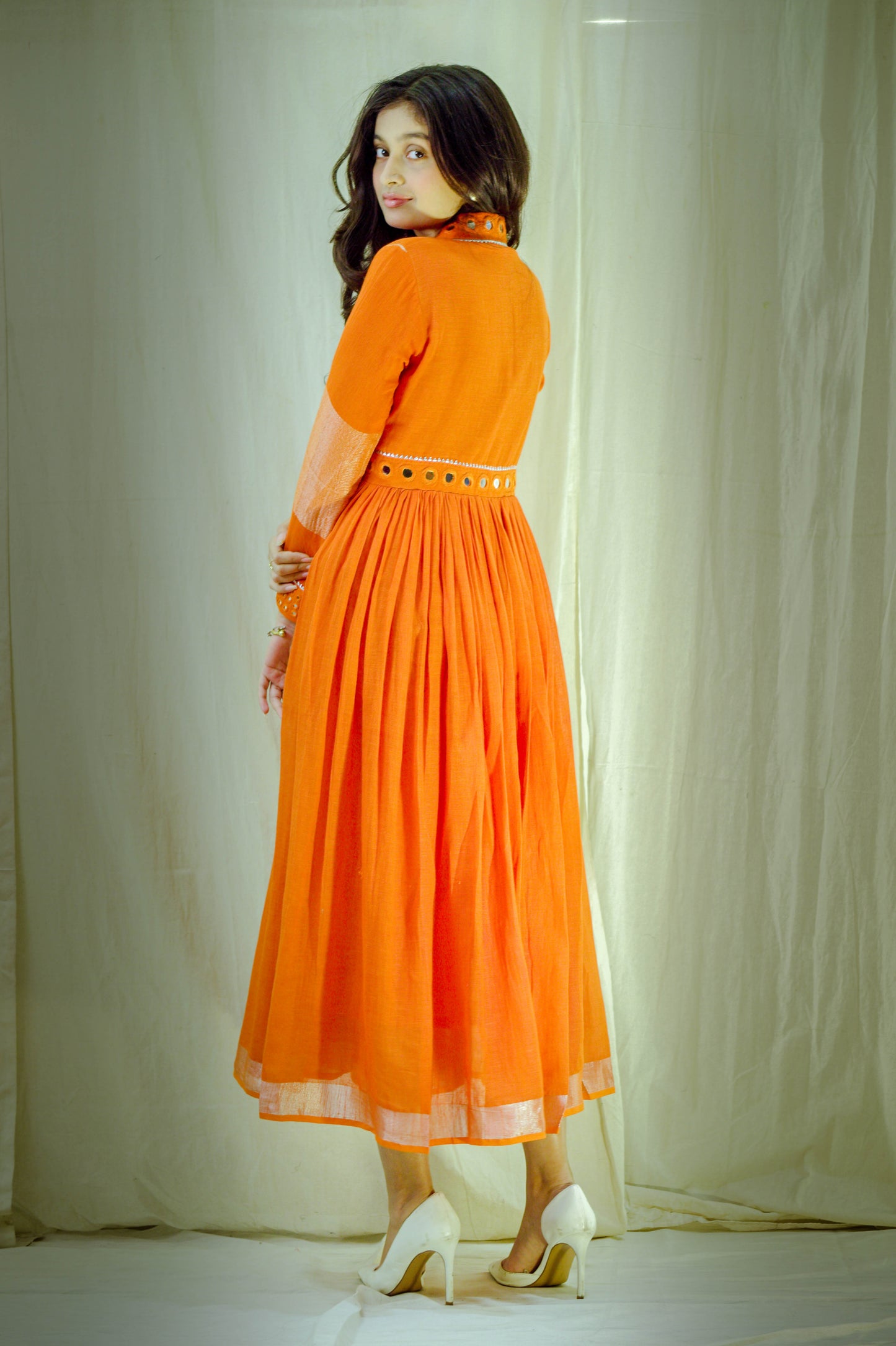 Sunset Reverie – Pure Linen Mirror Work Dress