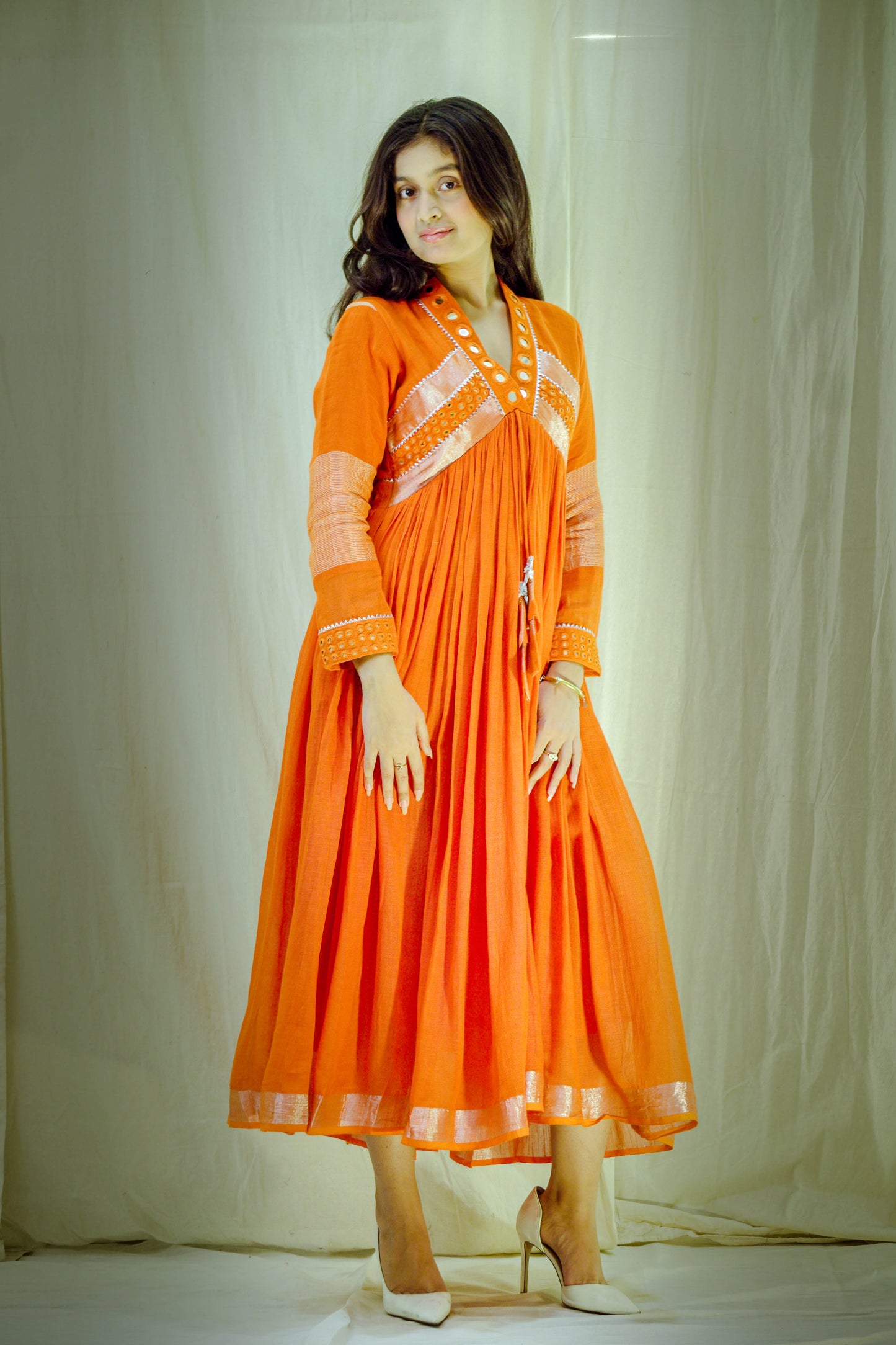 Sunset Reverie – Pure Linen Mirror Work Dress