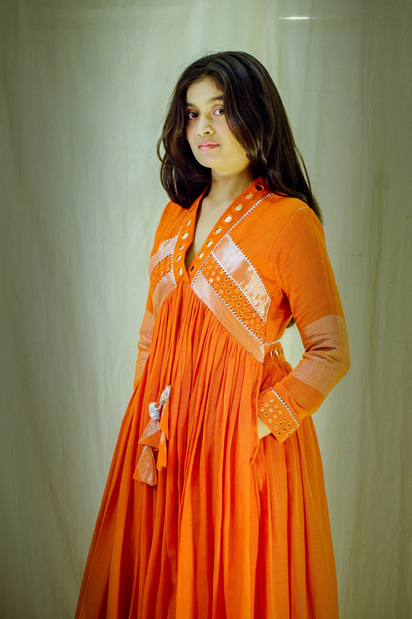 Sunset Reverie – Pure Linen Mirror Work Dress