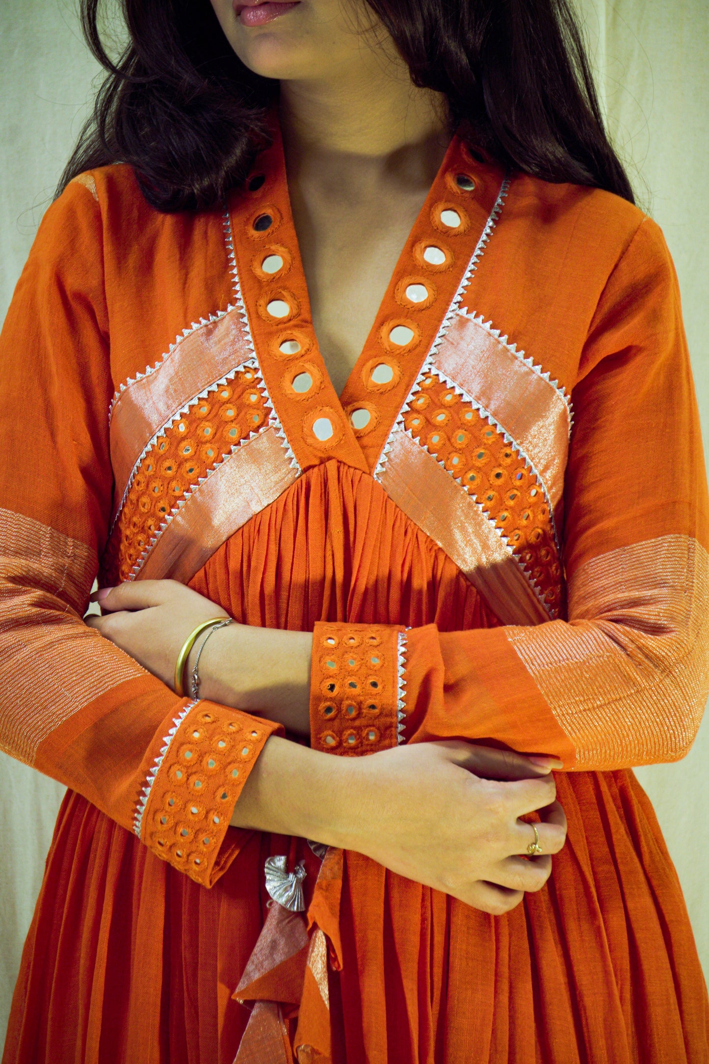 Sunset Reverie – Pure Linen Mirror Work Dress