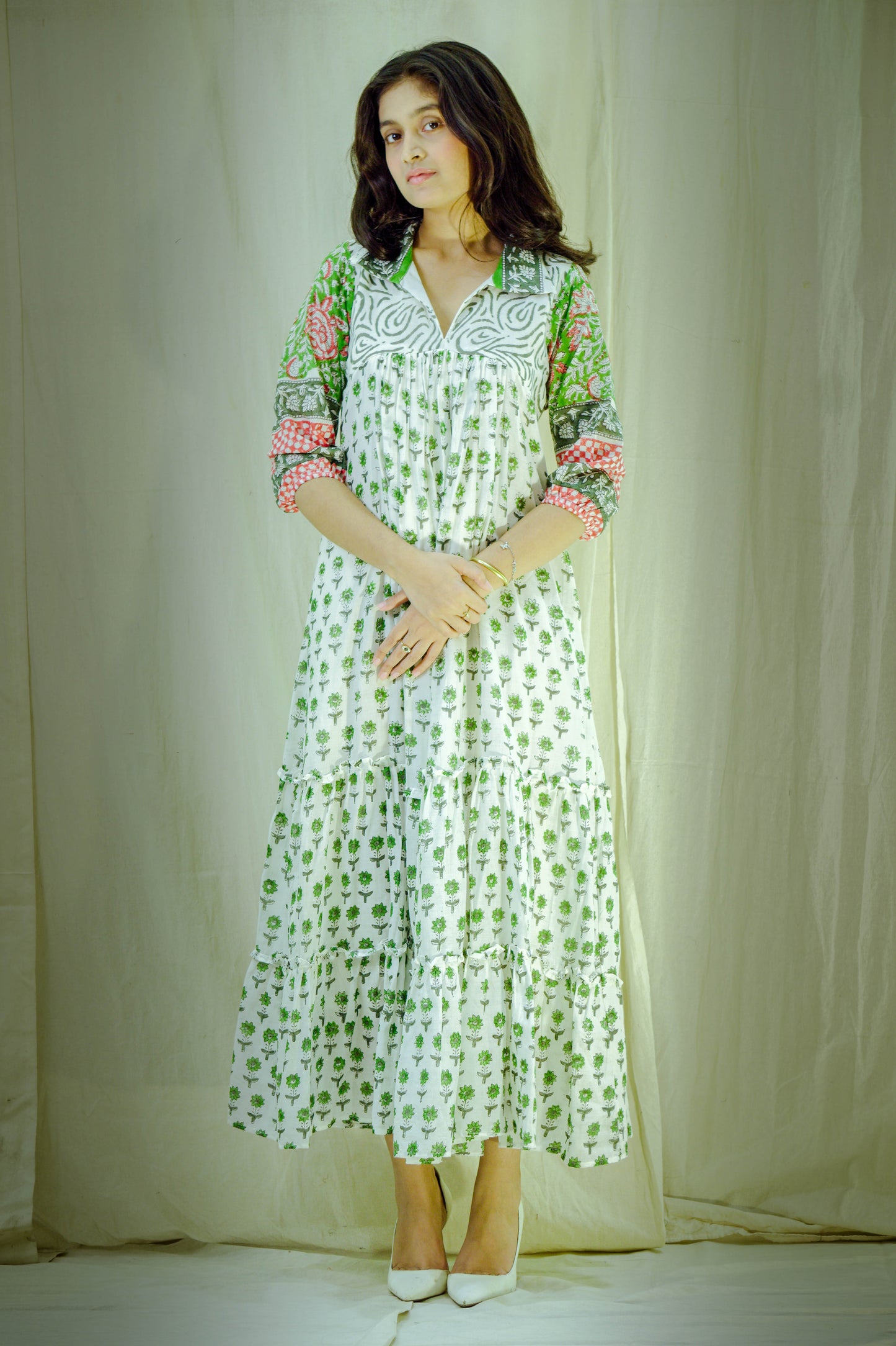 Verdant Bloom – Mull Cotton Pleated Dress