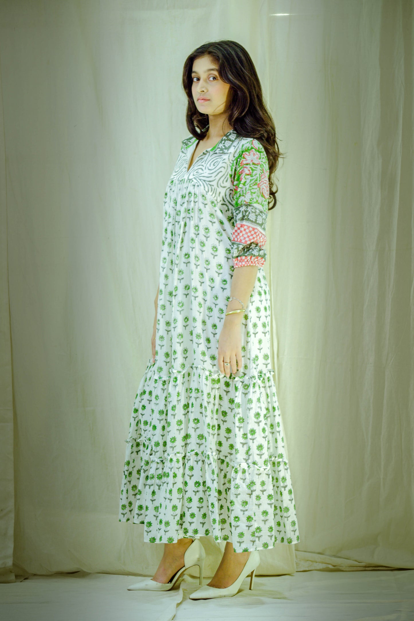 Verdant Bloom – Mull Cotton Pleated Dress