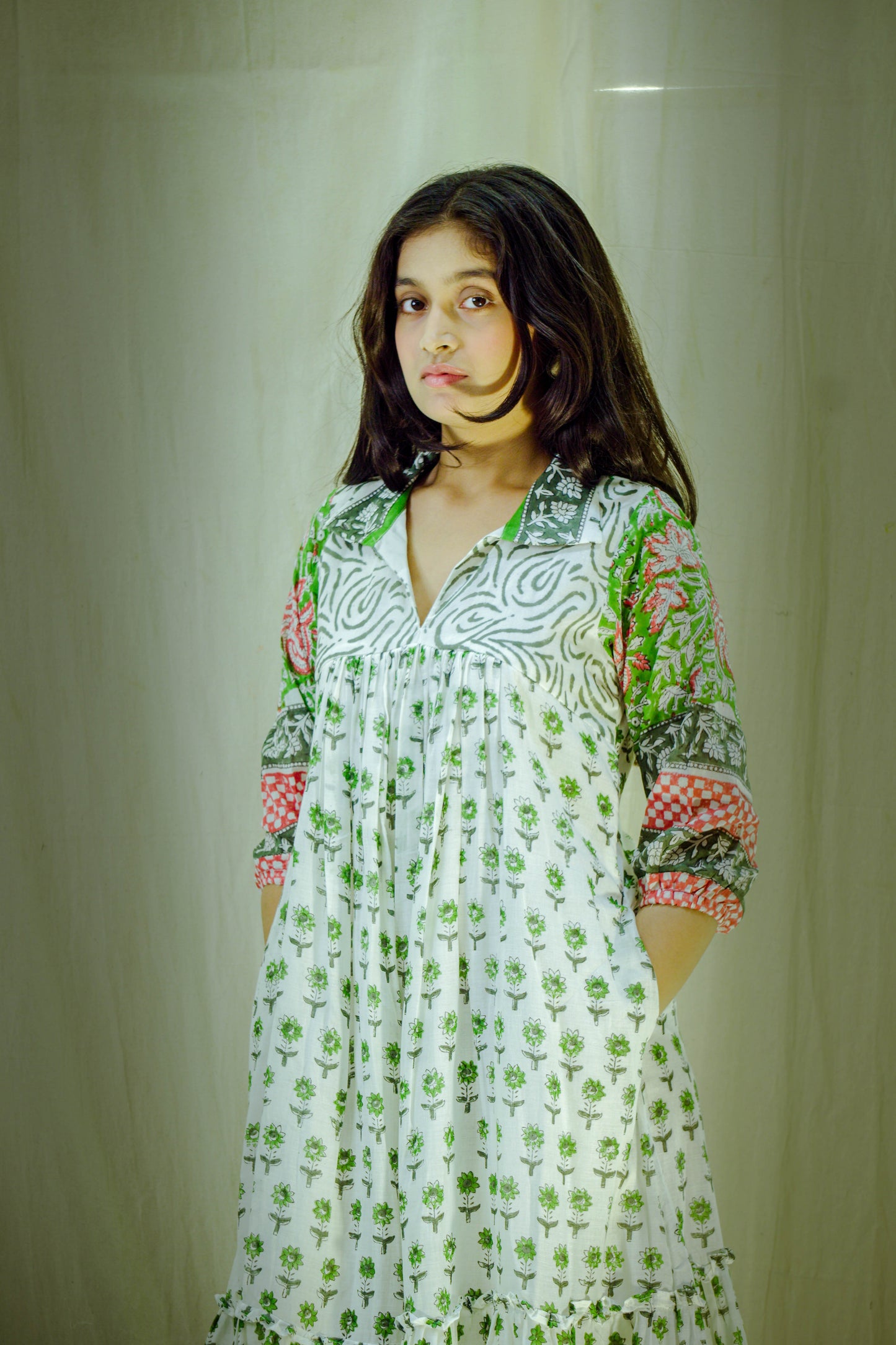 Verdant Bloom – Mull Cotton Pleated Dress