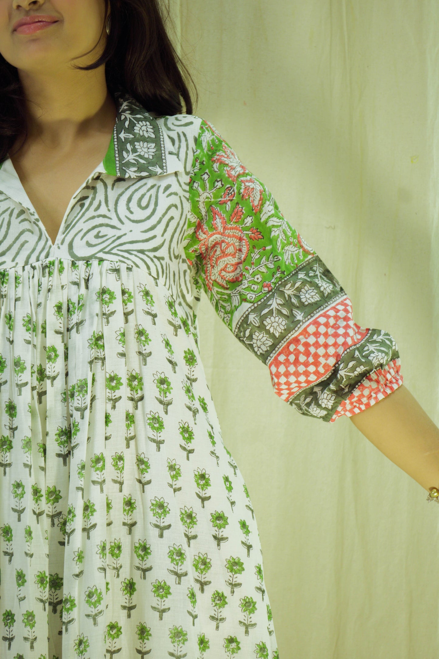 Verdant Bloom – Mull Cotton Pleated Dress