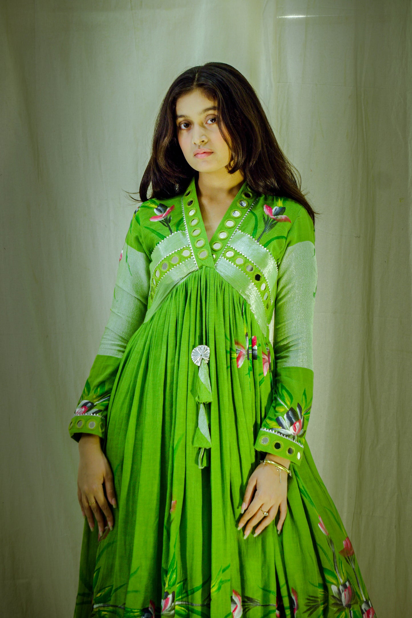 Verdant Muse – Pure Linen Hand-Painted Dress