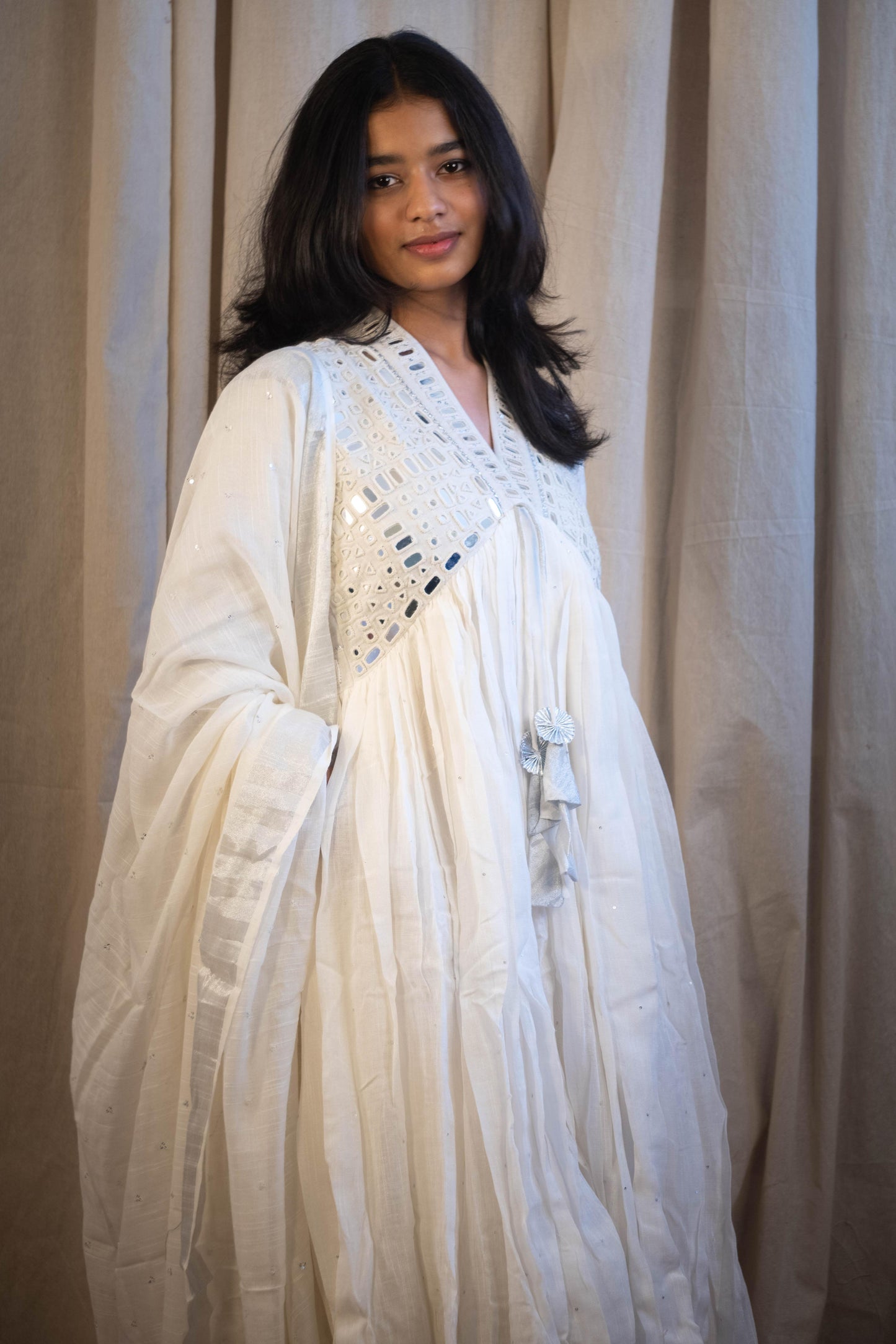 Alina Three Piece Mirror Work Set in Snow White