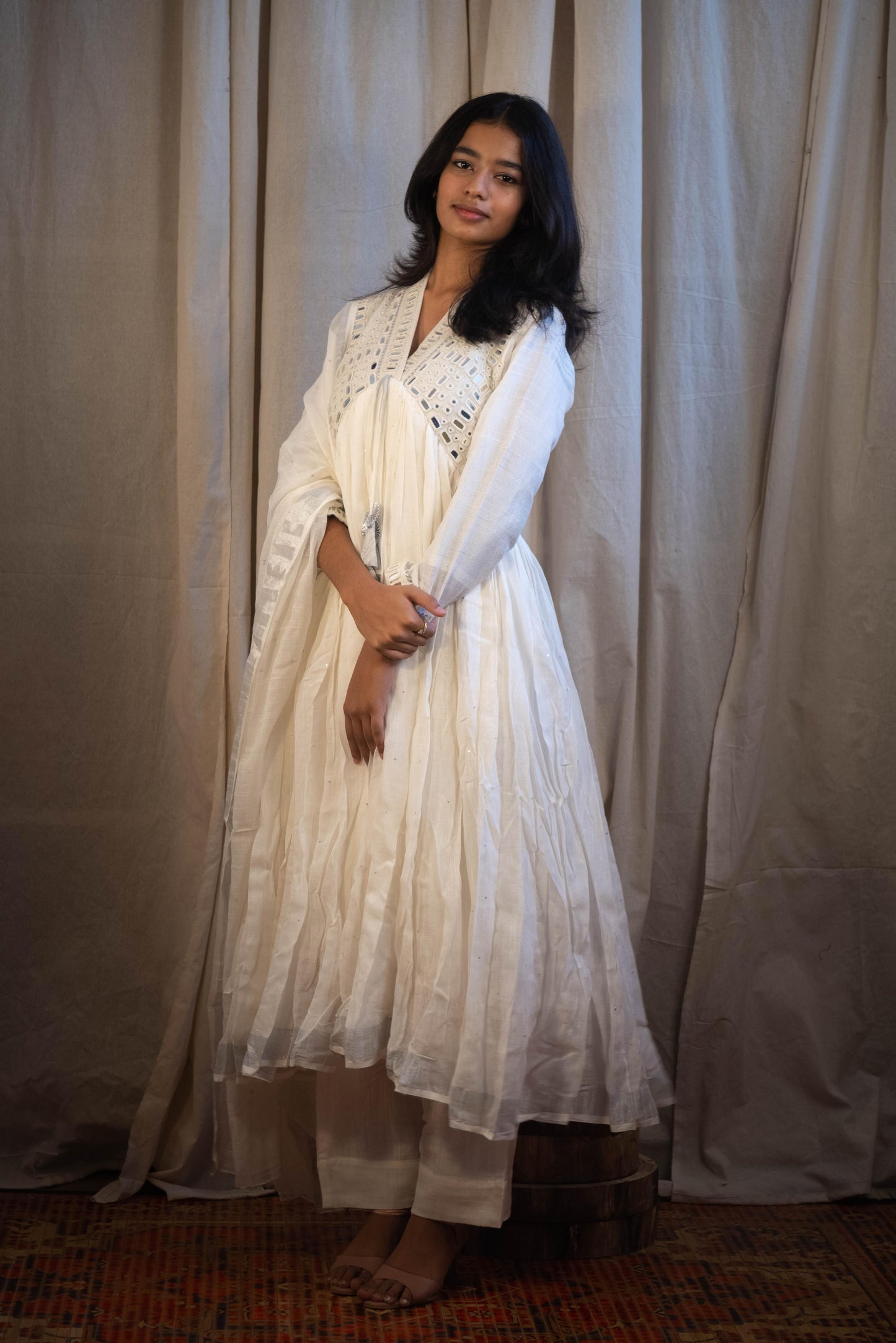 Alina Three Piece Mirror Work Set in Snow White