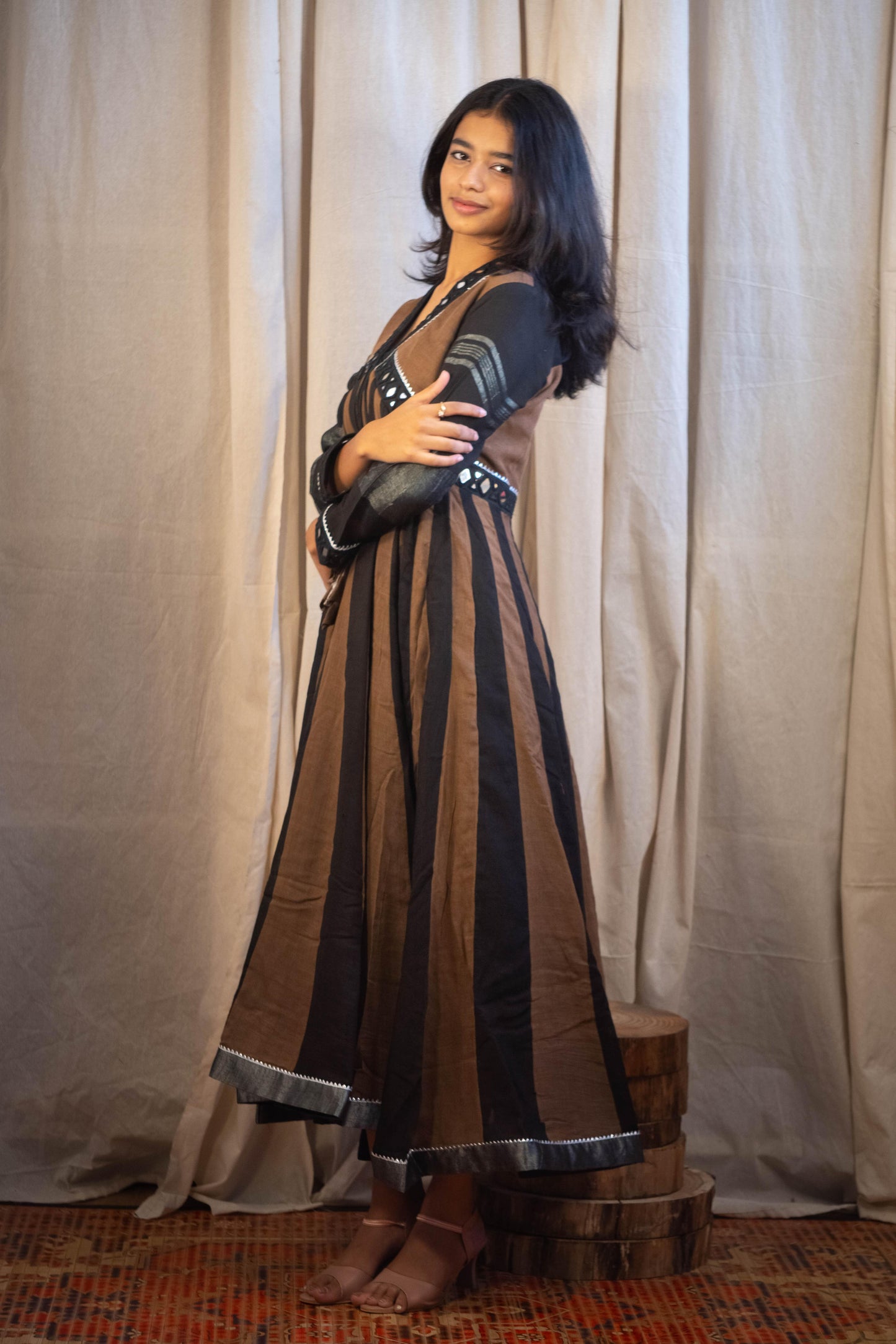 Shaher Mirror Work Dress in Diamond Cut Black and Brown