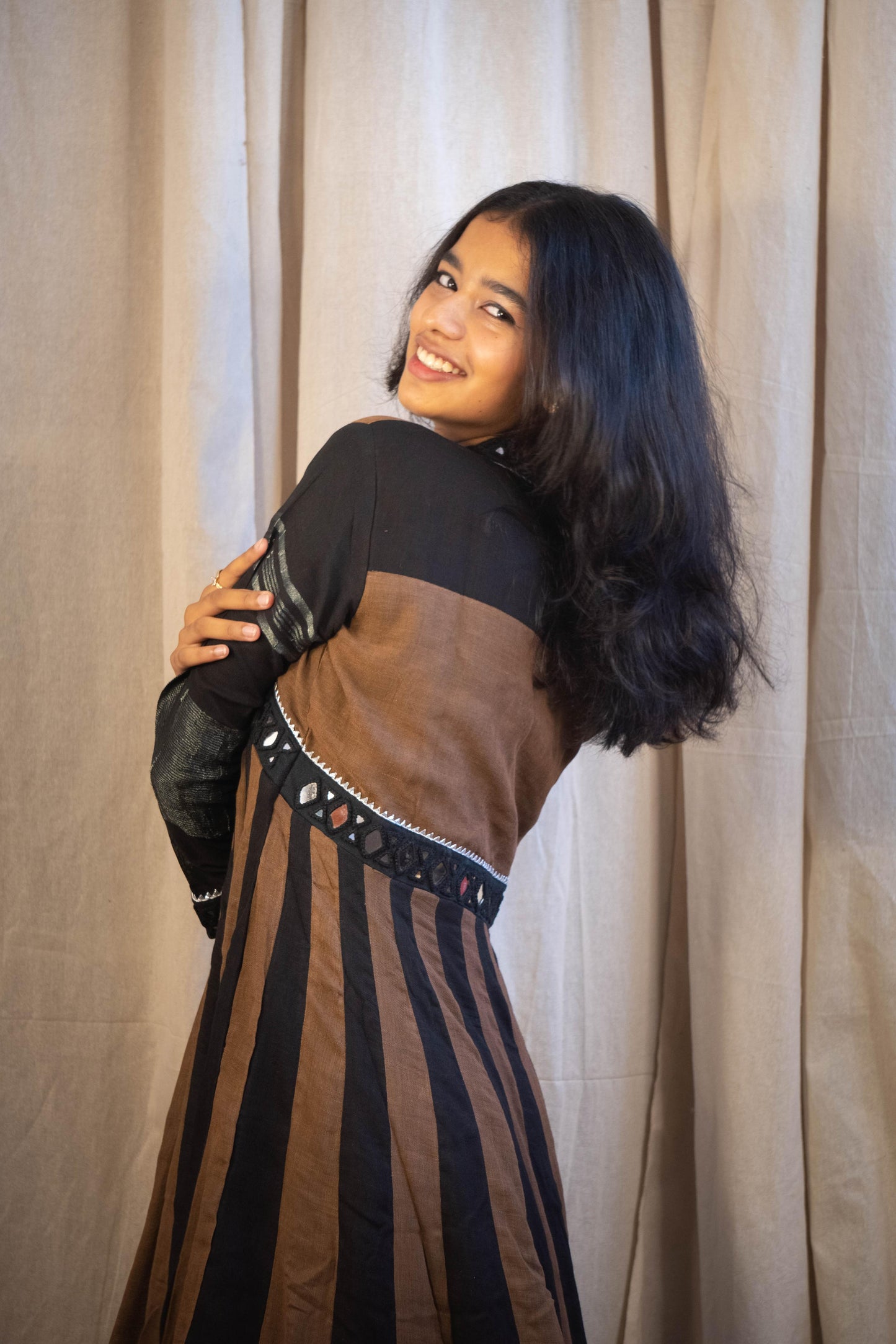 Shaher Mirror Work Dress in Diamond Cut Black and Brown
