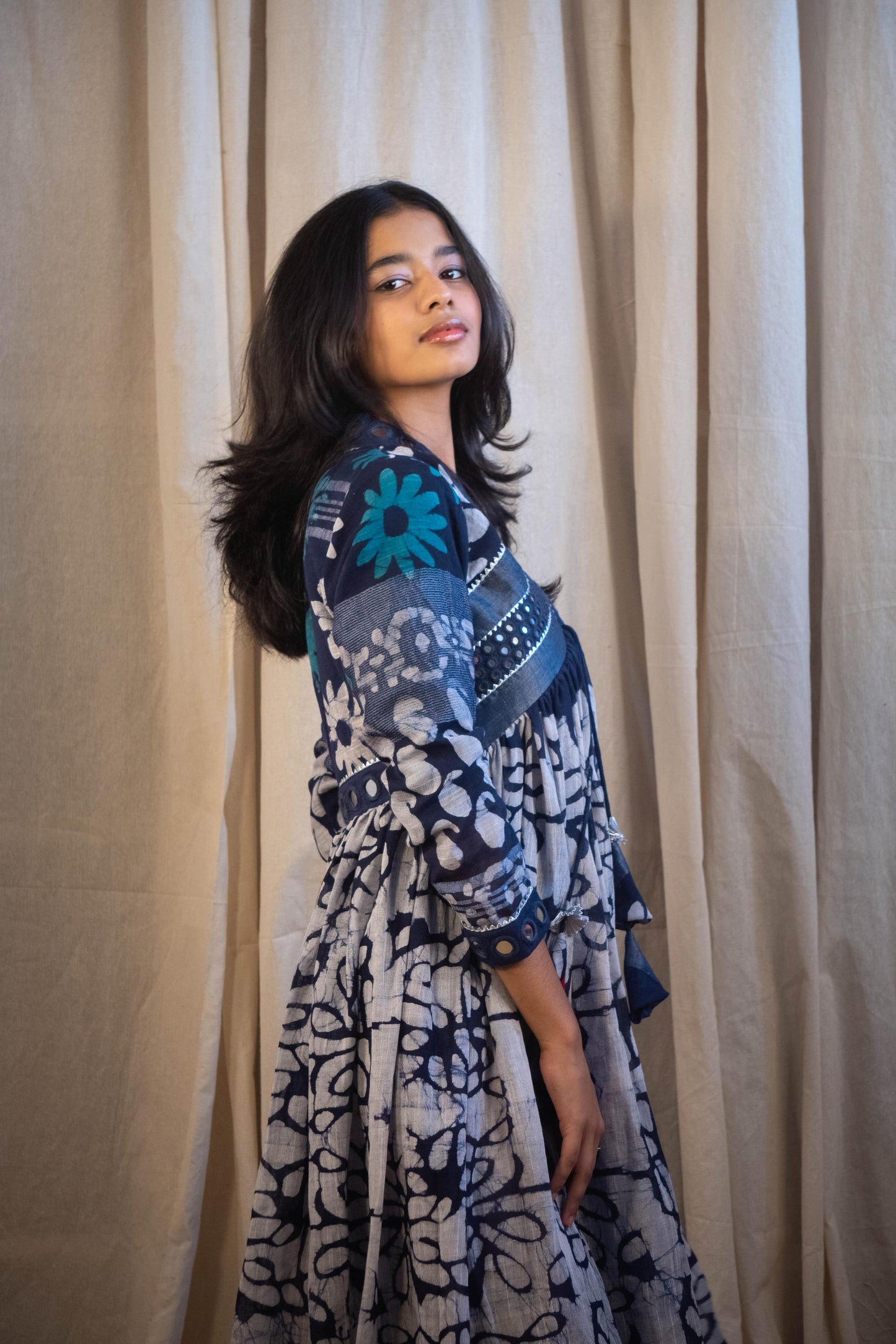 Azura Evara Indigo and White Printed Mirror Work Dress