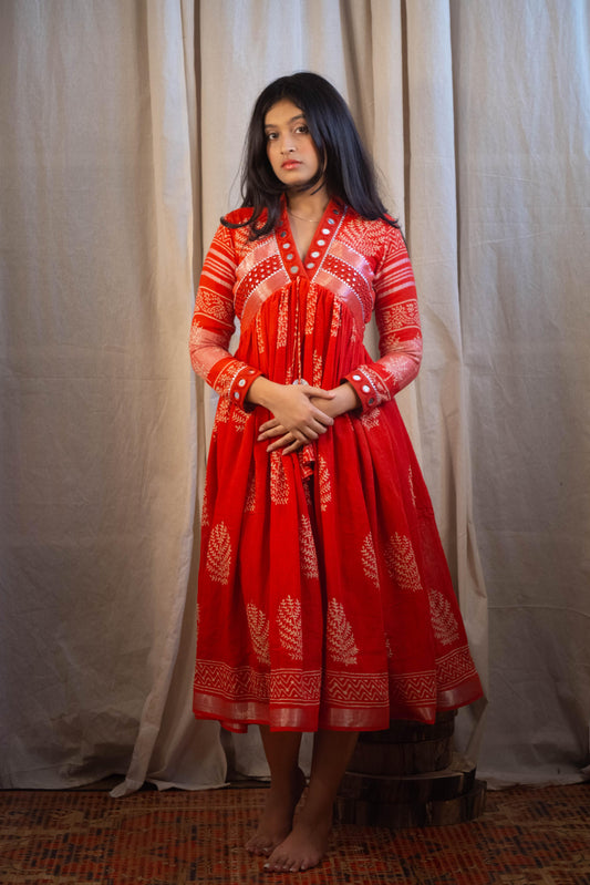 Evara Mirror Work Dress in Orange Printed