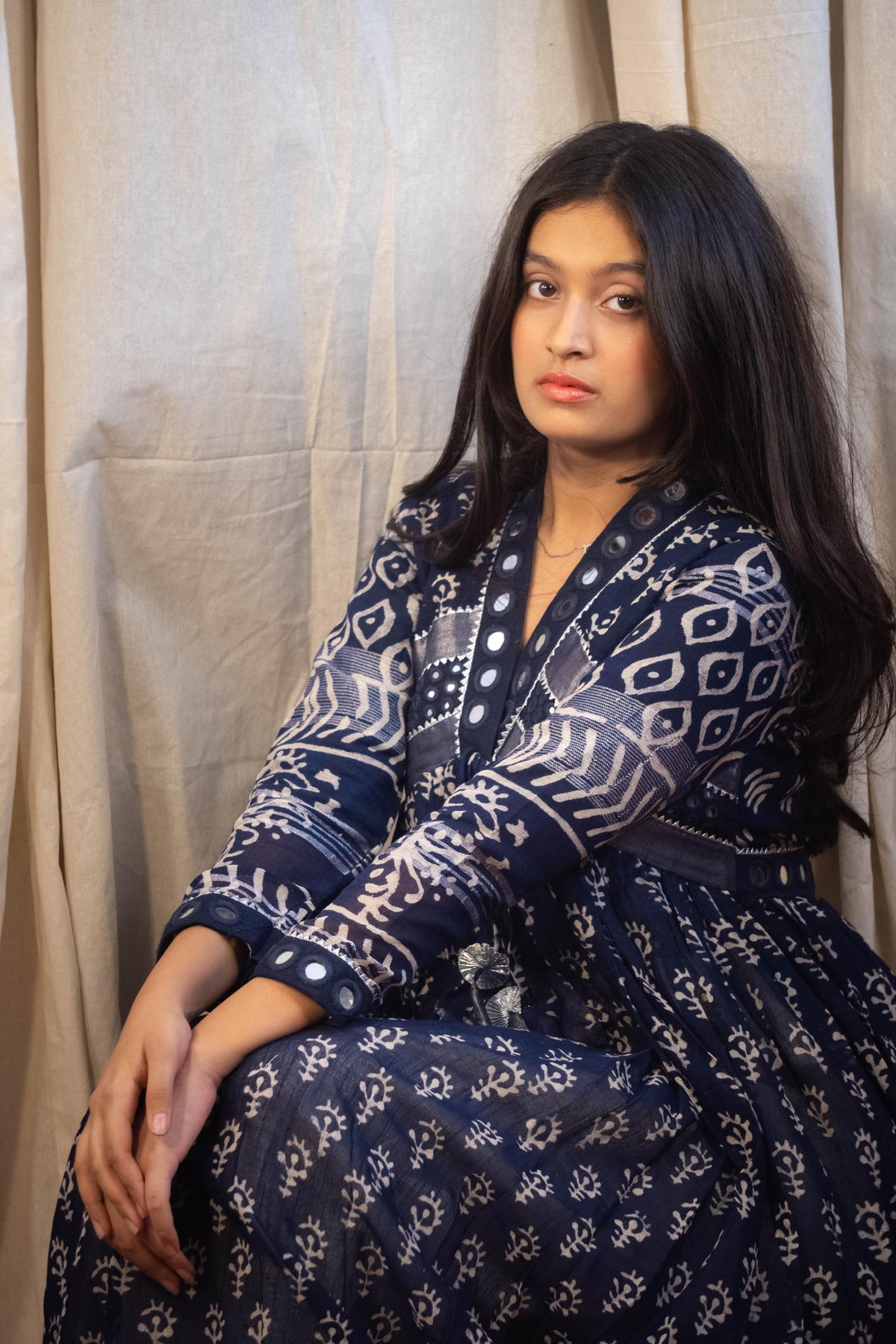 Azura Royal Blue and White Mirror Work Dress