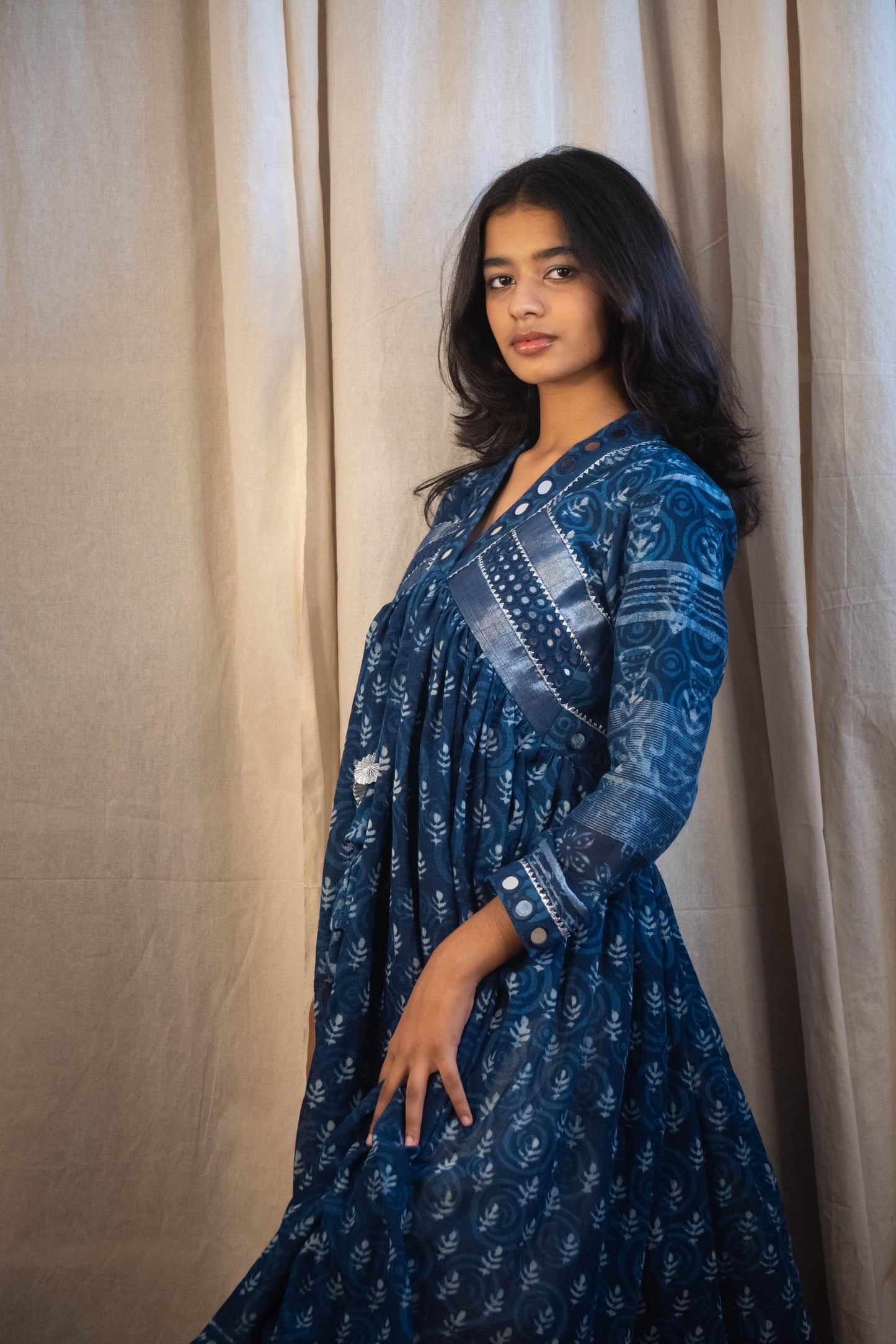 Azura Indigo and White Leafs Mirror Work Dress