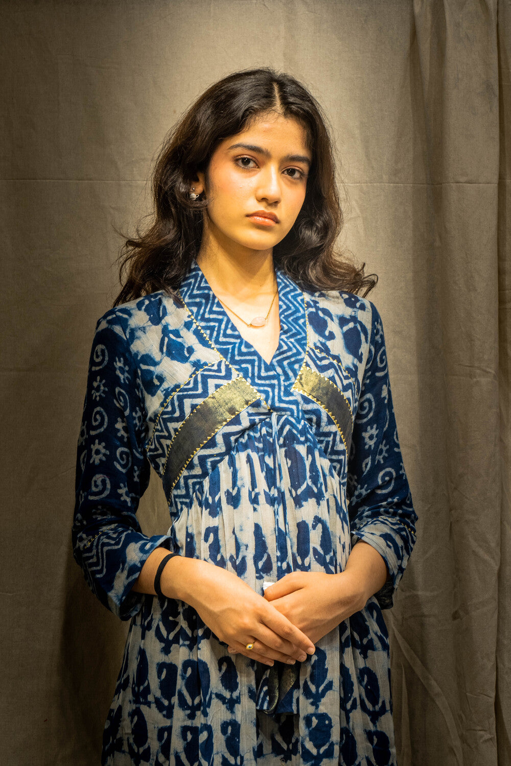 Ina Big Mango Indigo Golden Border Kurti in Pure Linen
