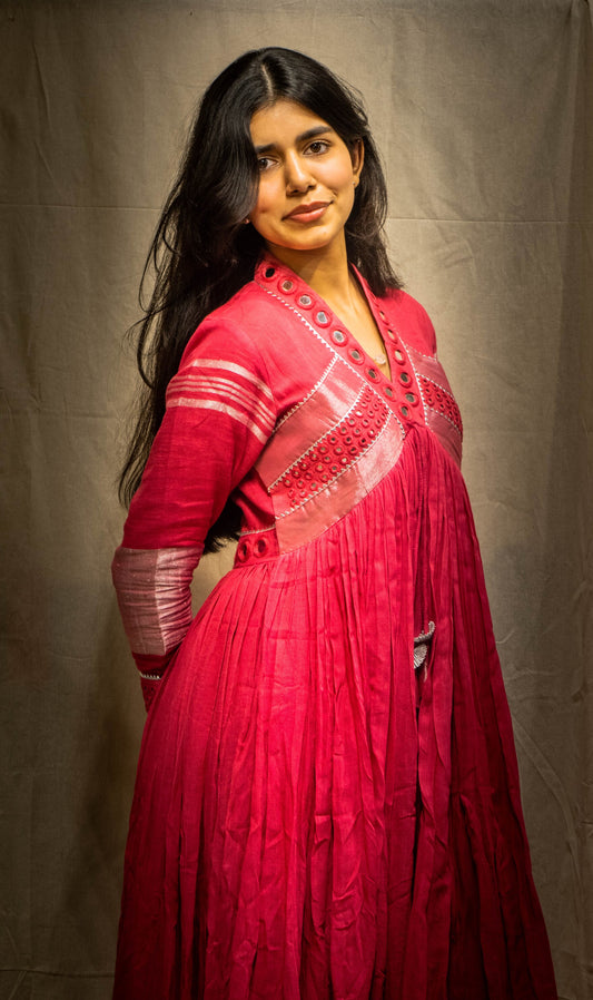 Evara Hot Pink Mirror Work Dress in Pure Linen