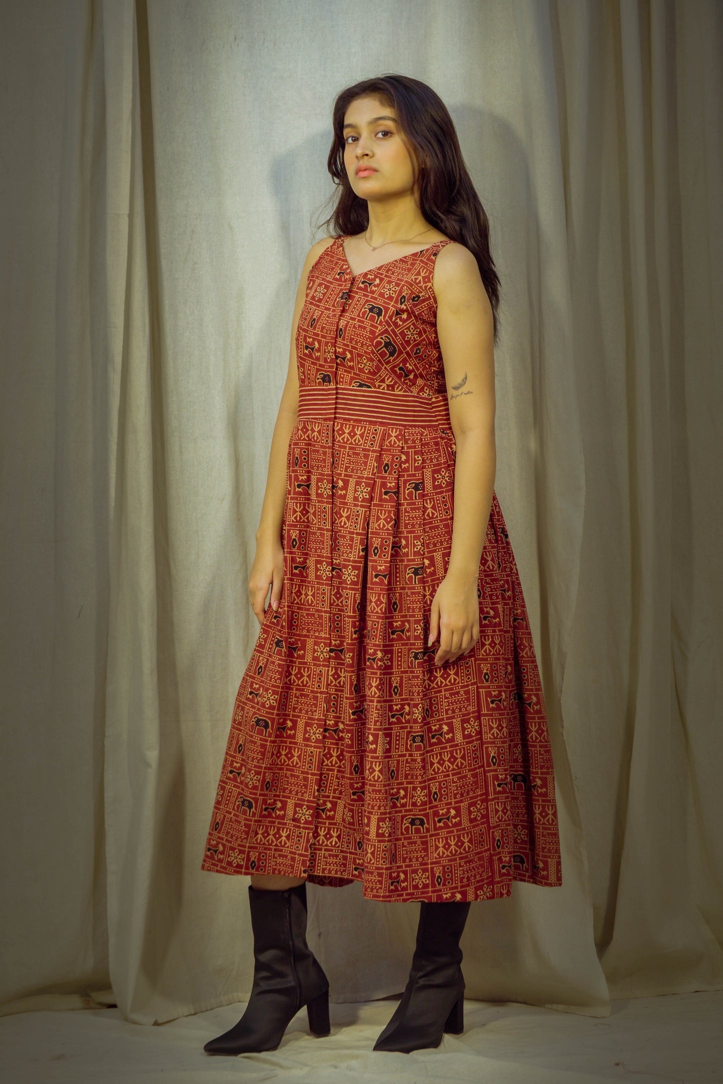 Maroon Kalamkari Handblock Printed Princess-Style Cotton Kurta