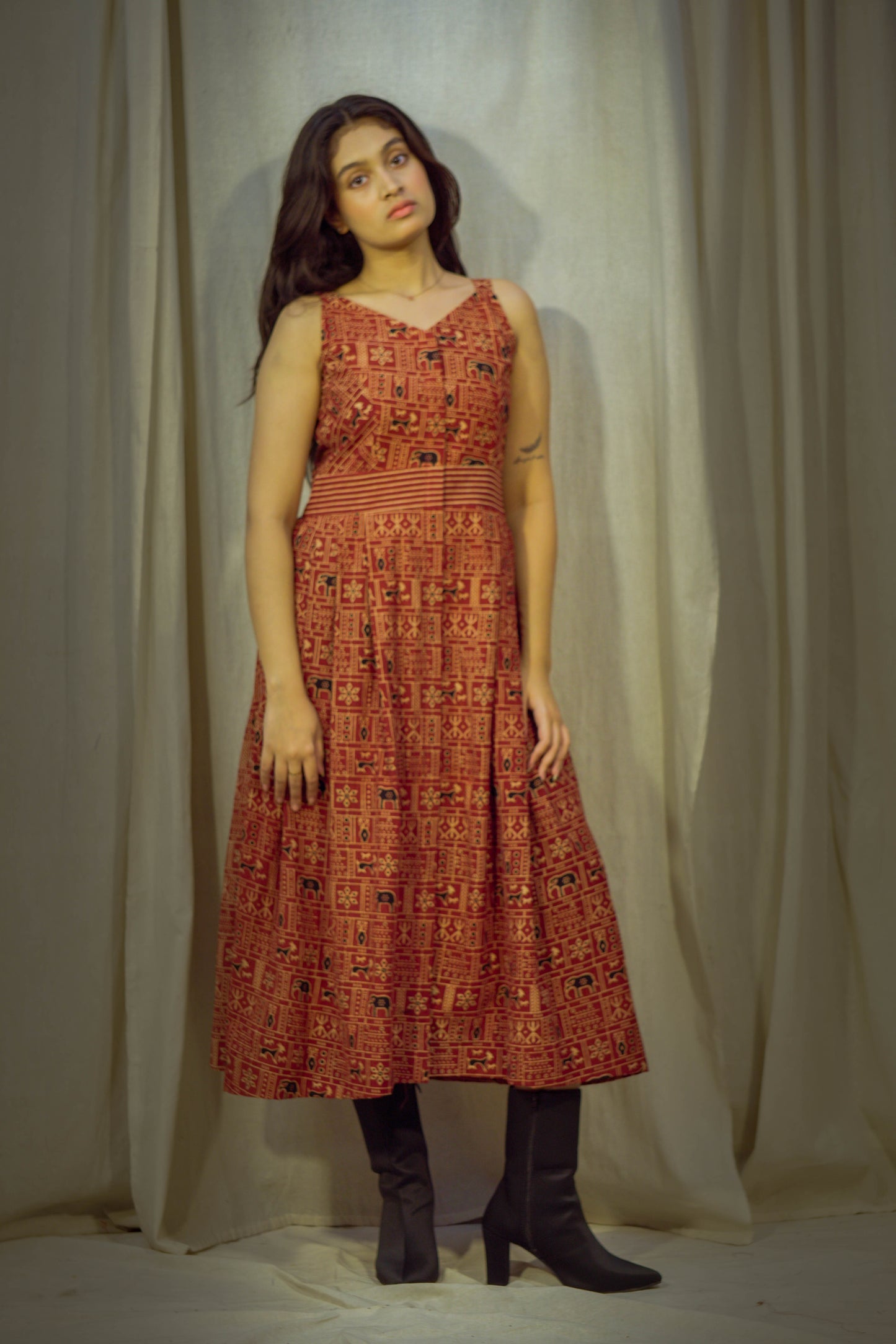 Maroon Kalamkari Handblock Printed Princess-Style Cotton Kurta