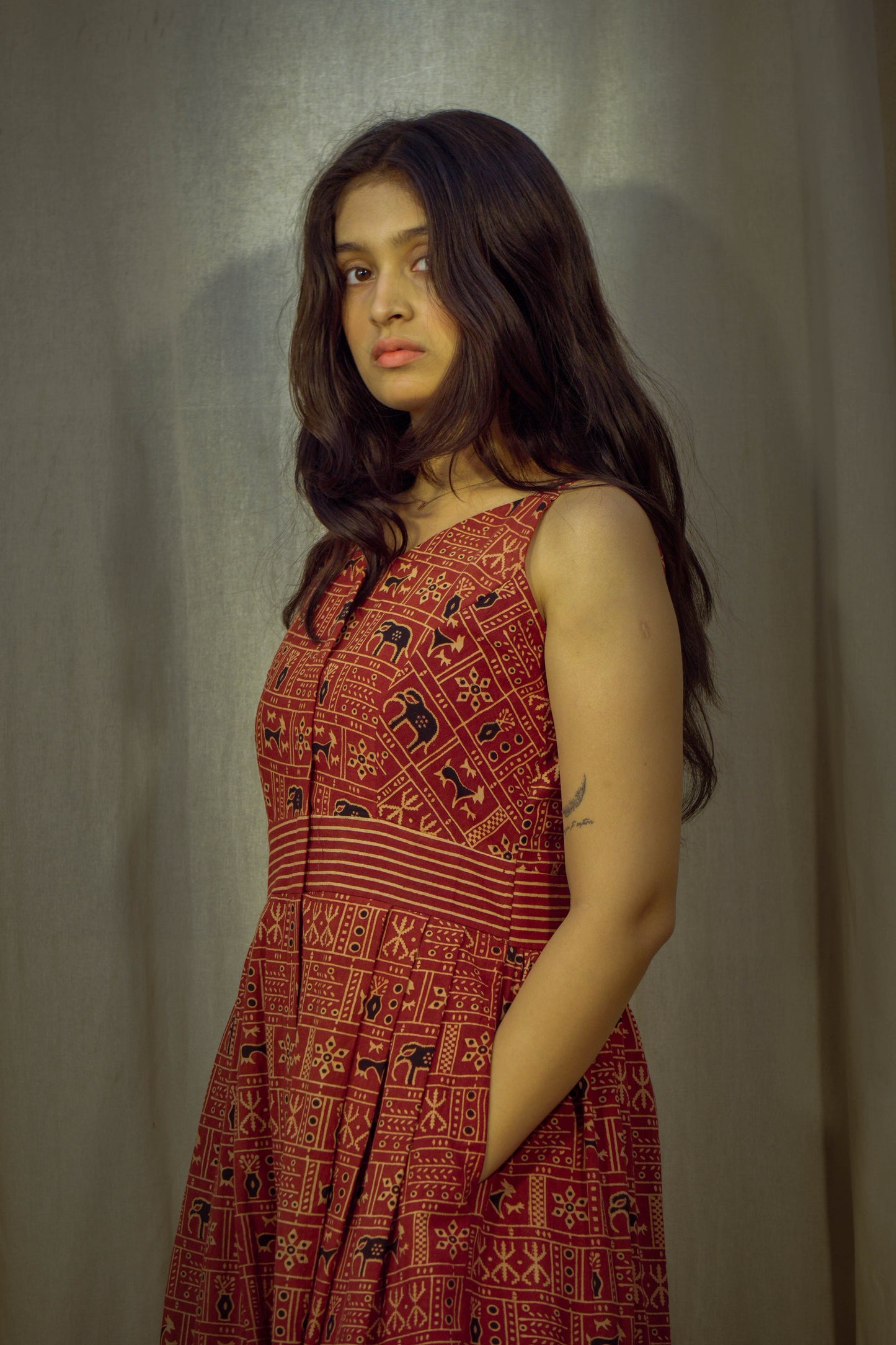 Maroon Kalamkari Handblock Printed Princess-Style Cotton Kurta