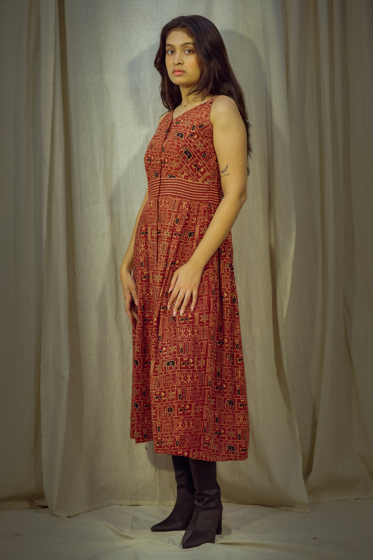 Maroon Kalamkari Handblock Printed Princess-Style Cotton Kurta