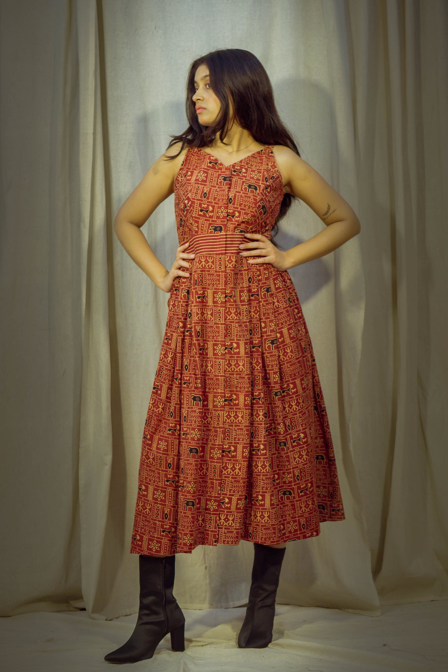 Maroon Kalamkari Handblock Printed Princess-Style Cotton Kurta