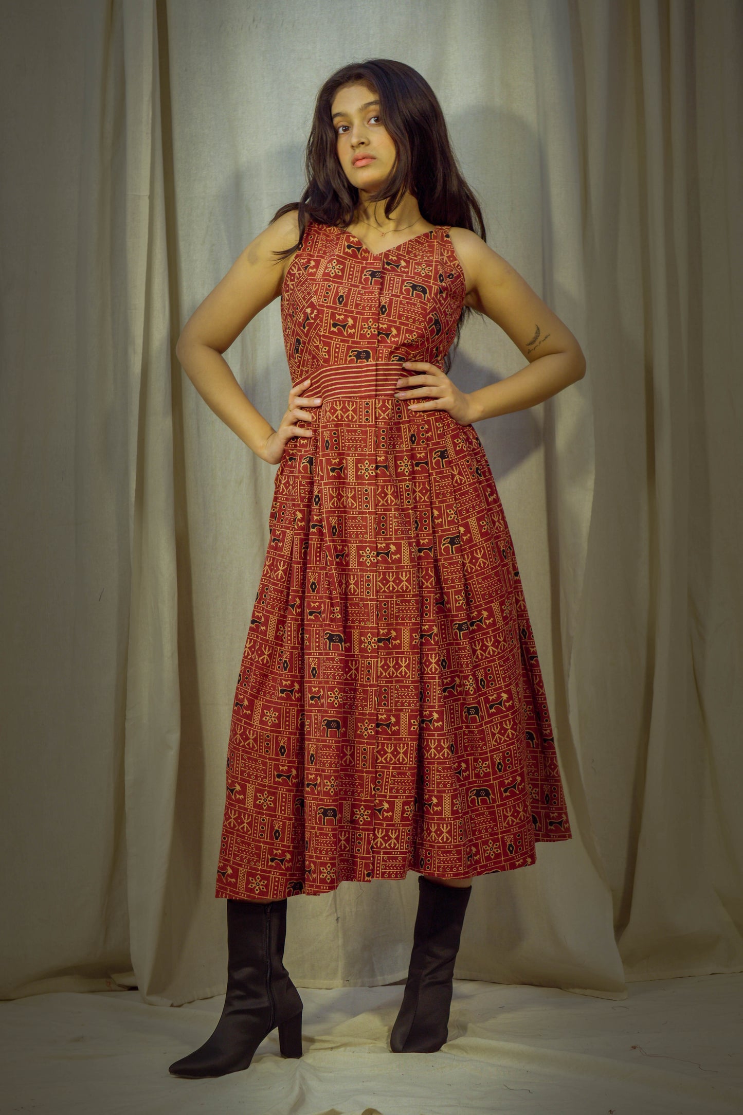 Maroon Kalamkari Handblock Printed Princess-Style Cotton Kurta