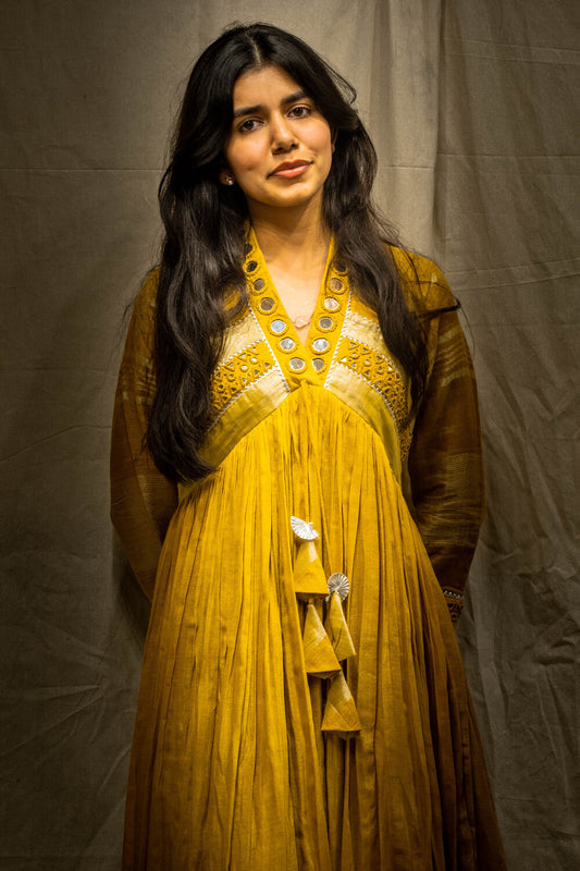 Evara Mustard Mirror Work Dress in Pure Linen