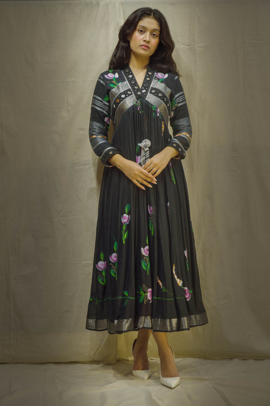Evara Black Brush-Painted Dress in Pure Linen