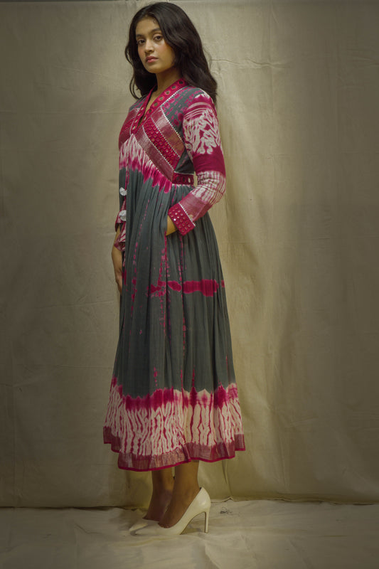 Evara Shibori Pink-Grey Mirror Work Dress in Pure Linen