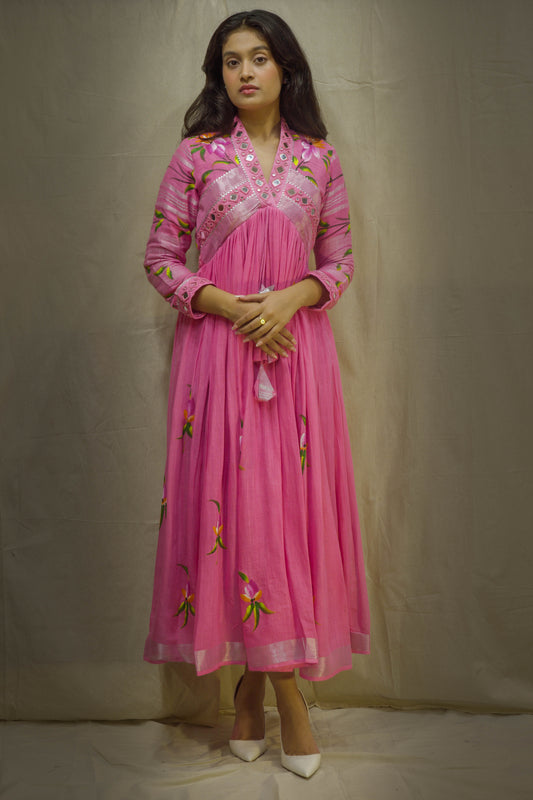 Evara Pink Brush Painted Mirror Work Dress in Pure Linen