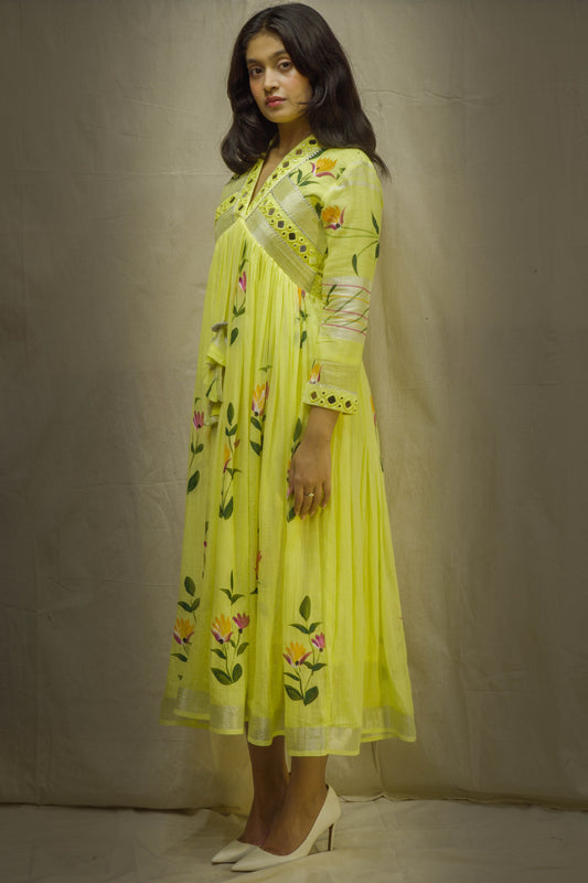 Evara Yellow Brush Painted Mirror Work Dress in Pure Linen