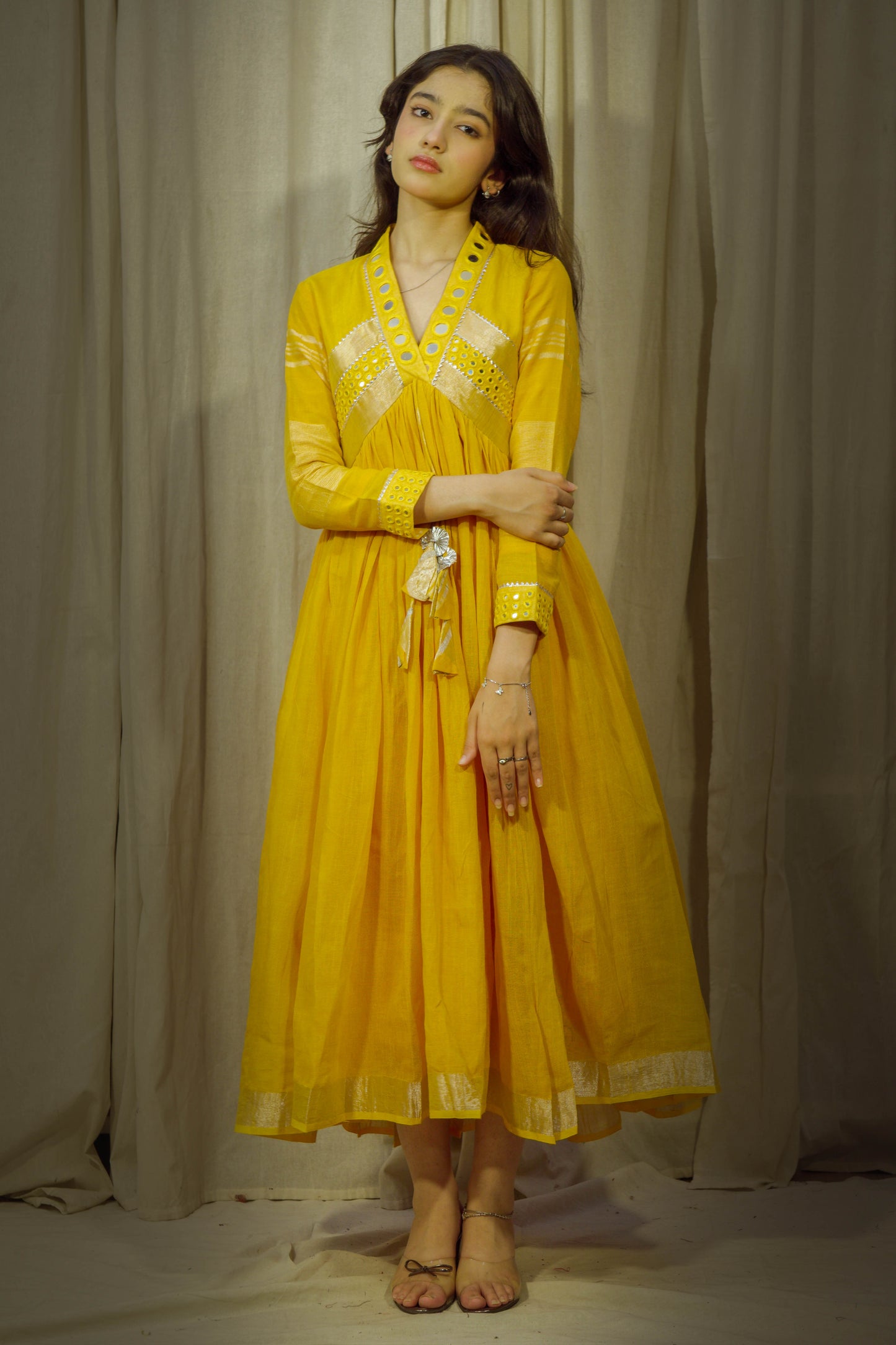 Twilight Glimmer – Yellow Mirror Work Linen Flared Dress