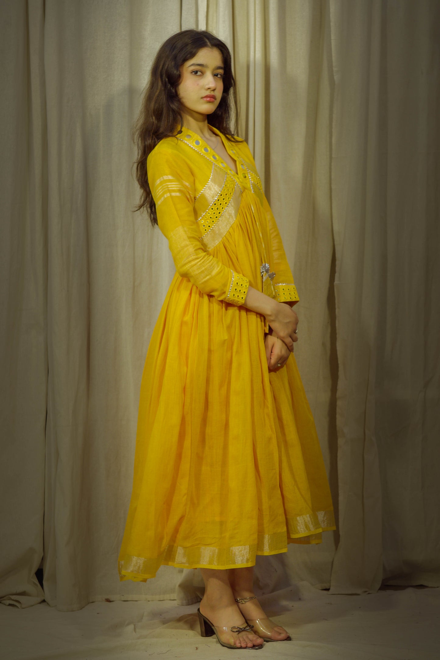 Twilight Glimmer – Yellow Mirror Work Linen Flared Dress