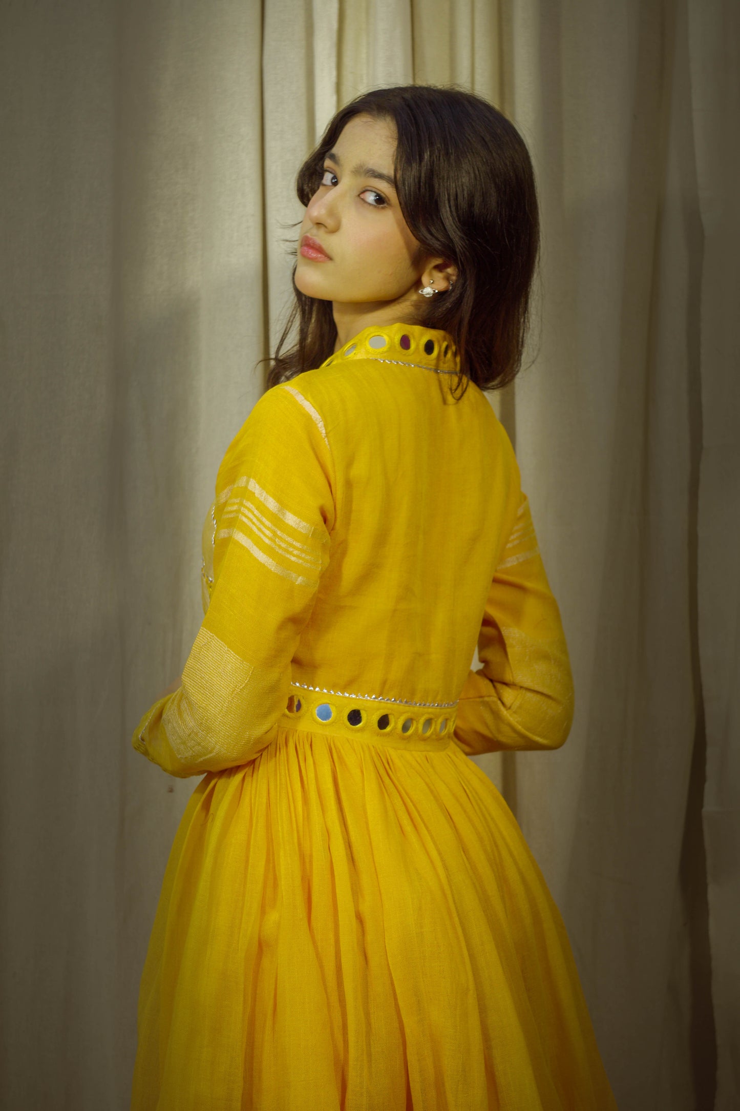 Twilight Glimmer – Yellow Mirror Work Linen Flared Dress