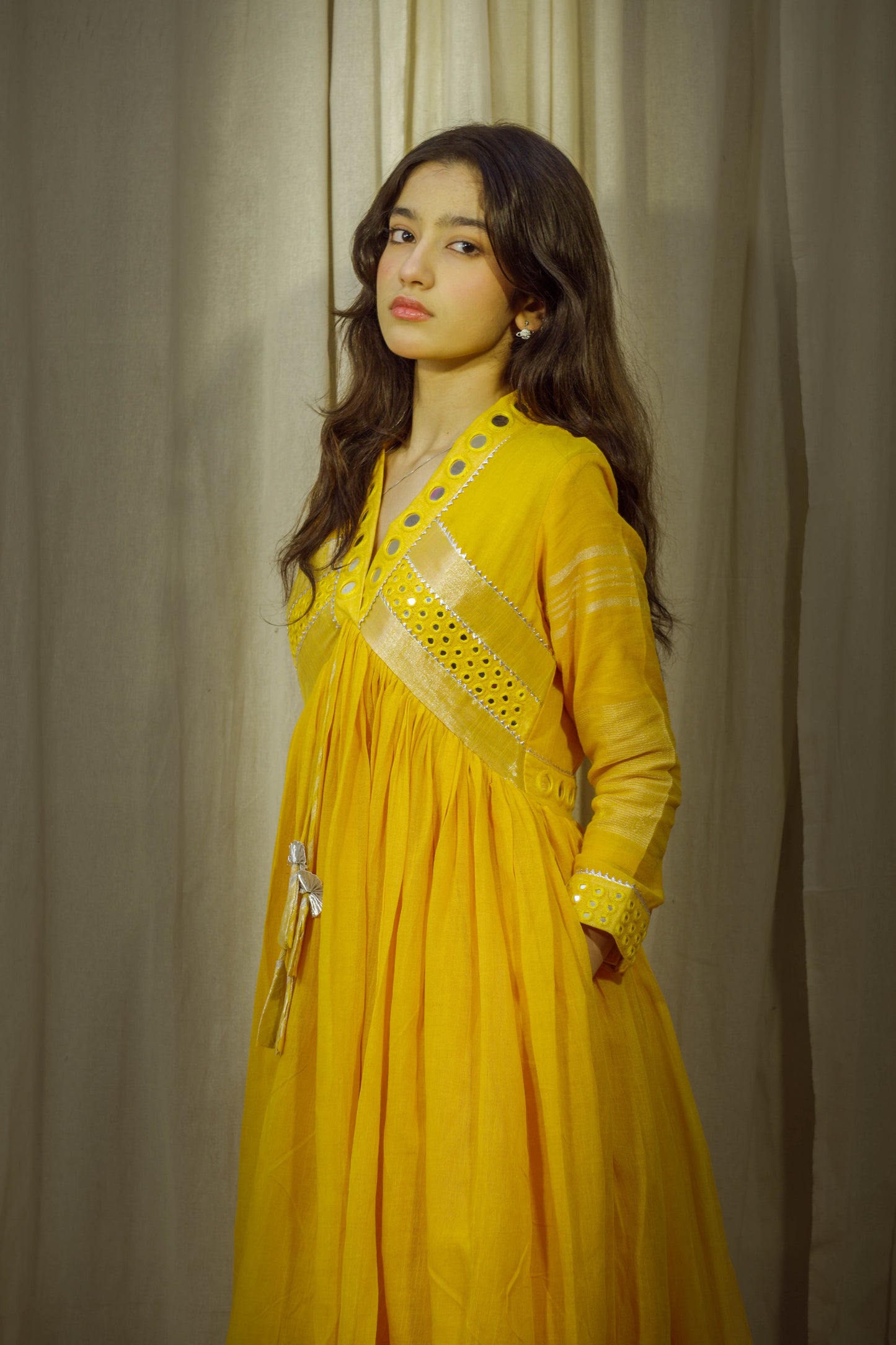 Twilight Glimmer – Yellow Mirror Work Linen Flared Dress