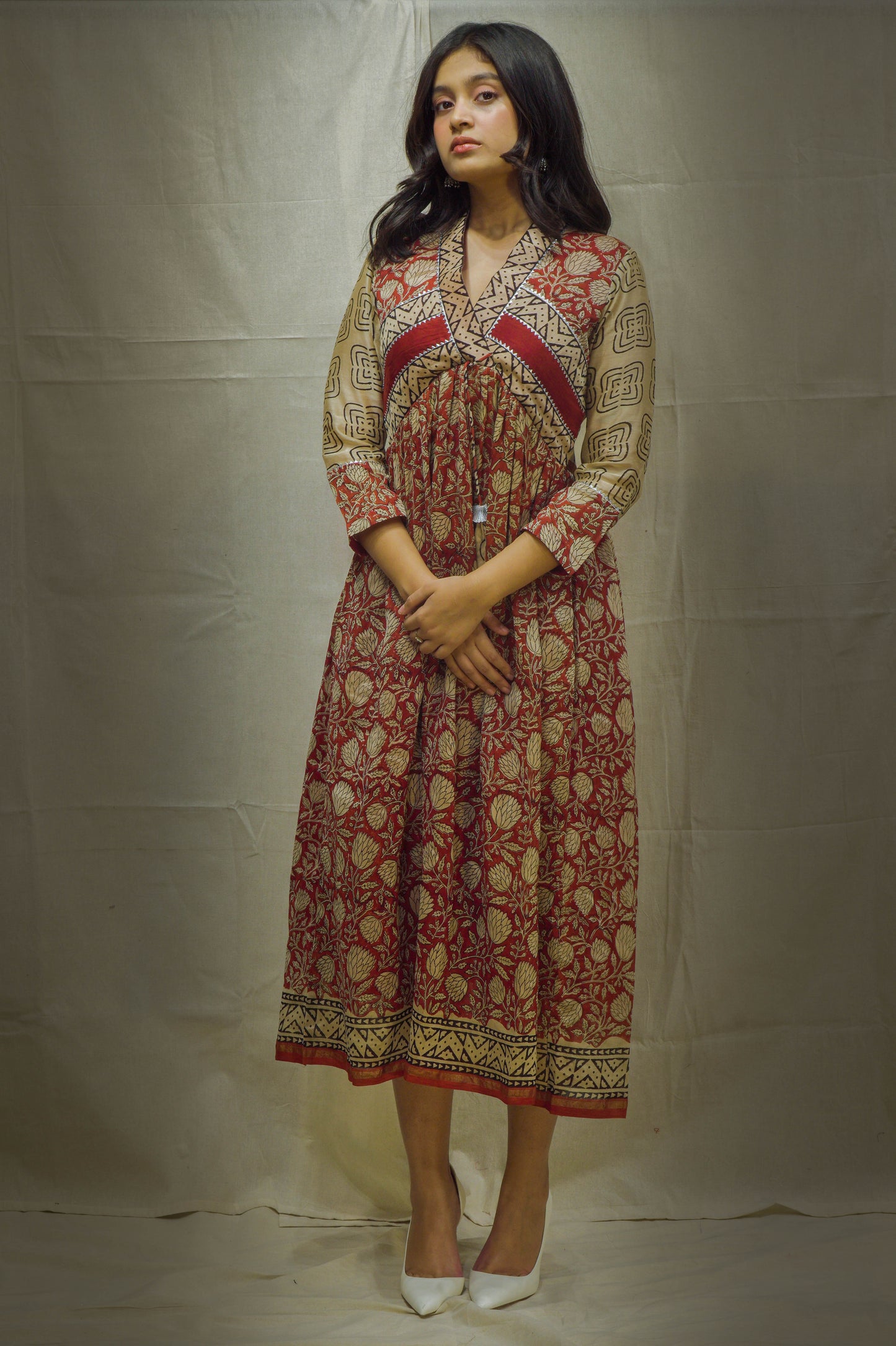 Ina Red-Cream Kalamkari Chanderi Kurti