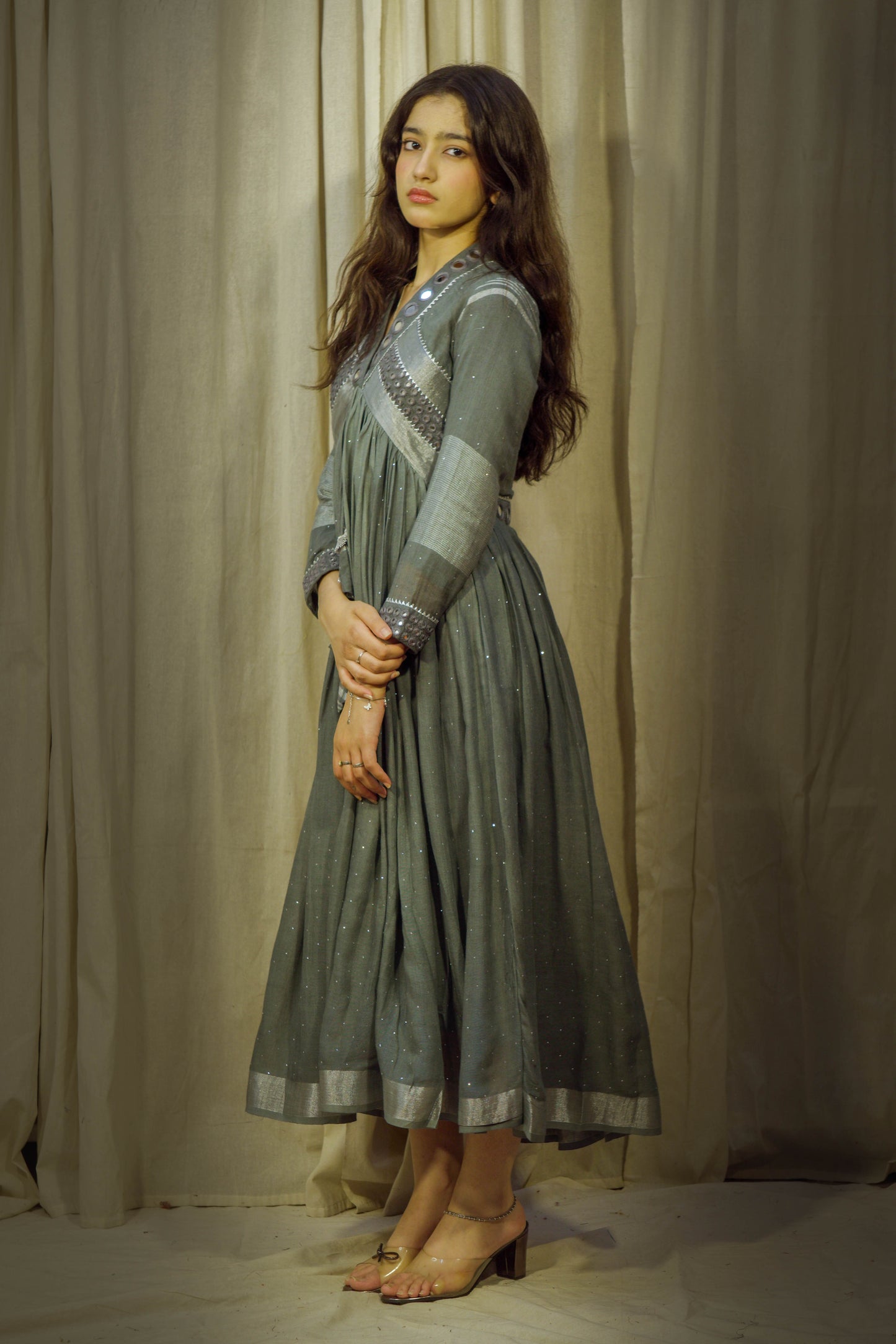 Serenity Spark – Sage & Grey Mirror Work Linen Flared Dress