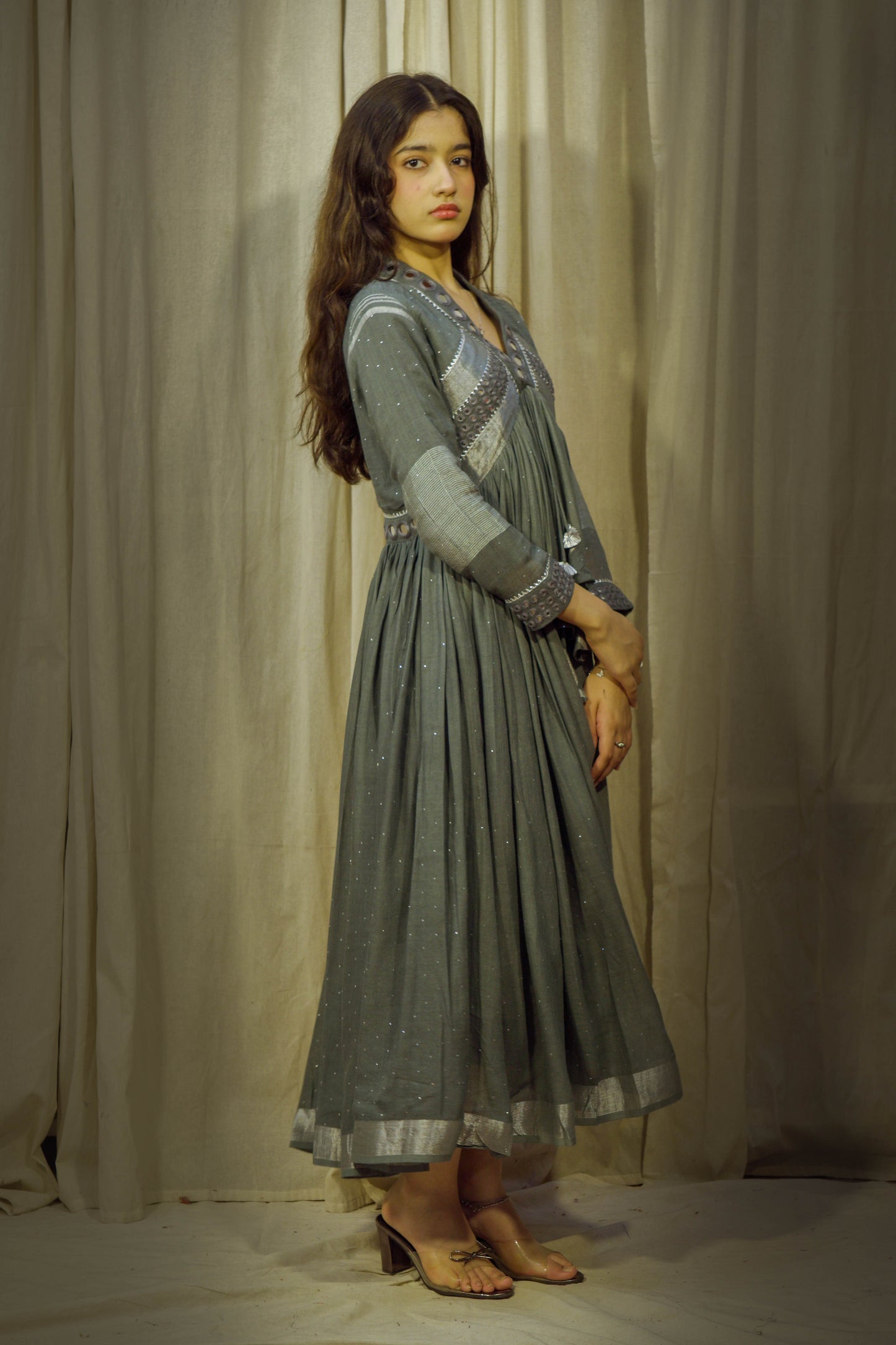 Serenity Spark – Sage & Grey Mirror Work Linen Flared Dress