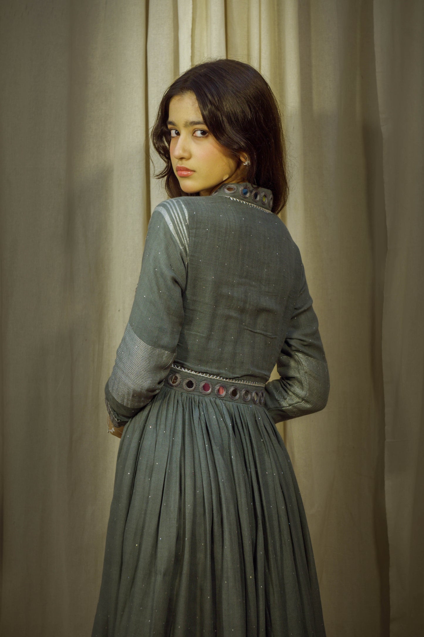 Serenity Spark – Sage & Grey Mirror Work Linen Flared Dress