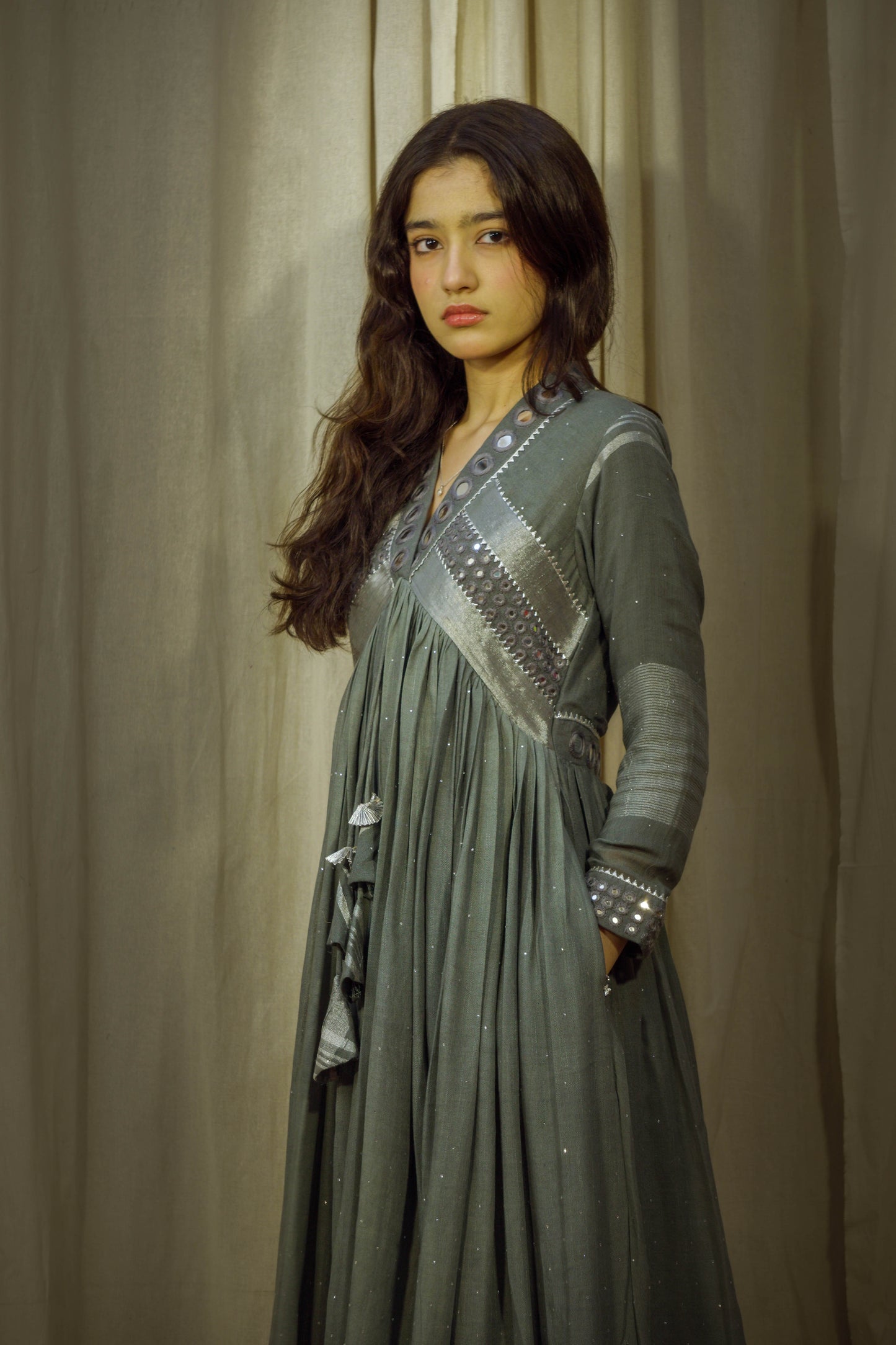 Serenity Spark – Sage & Grey Mirror Work Linen Flared Dress