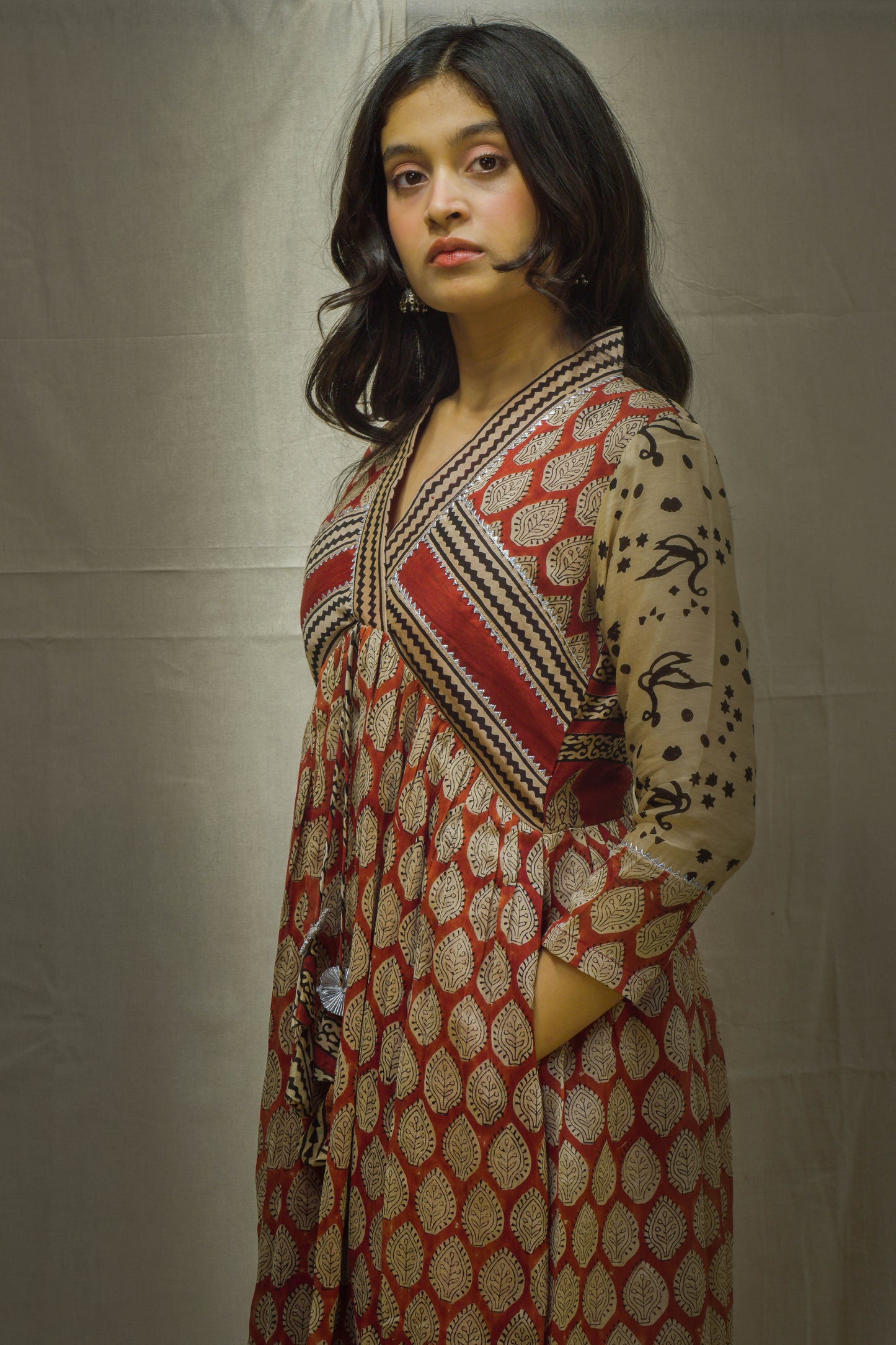 Ina Maroon Leaf Beige Chanderi Kurti