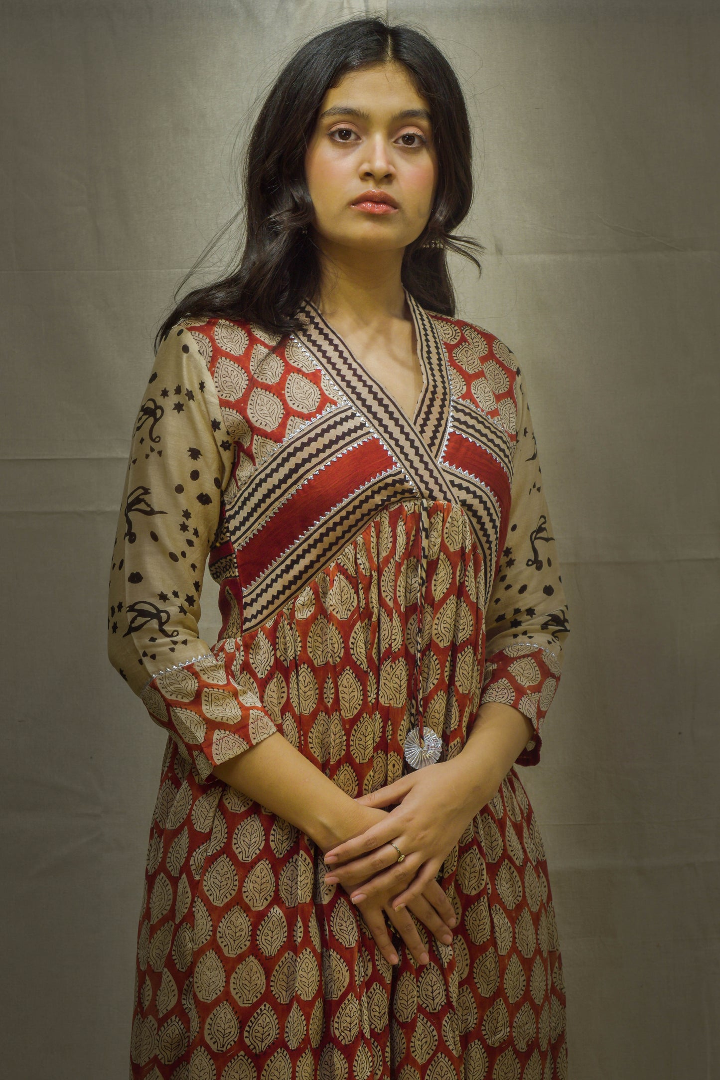 Ina Maroon Leaf Beige Chanderi Kurti