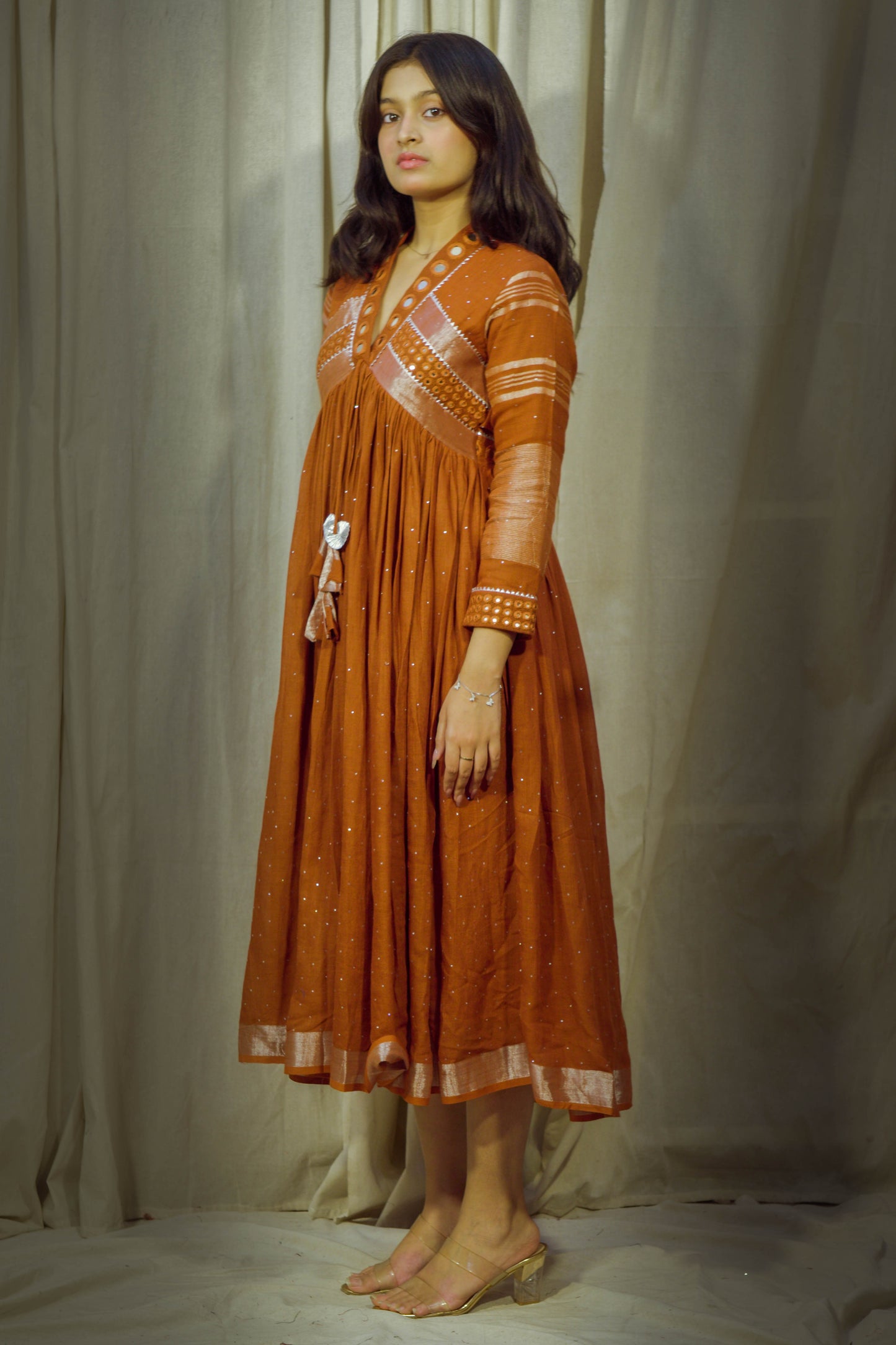 Ember Glow – Rust Mirror Work Linen Flared Dress