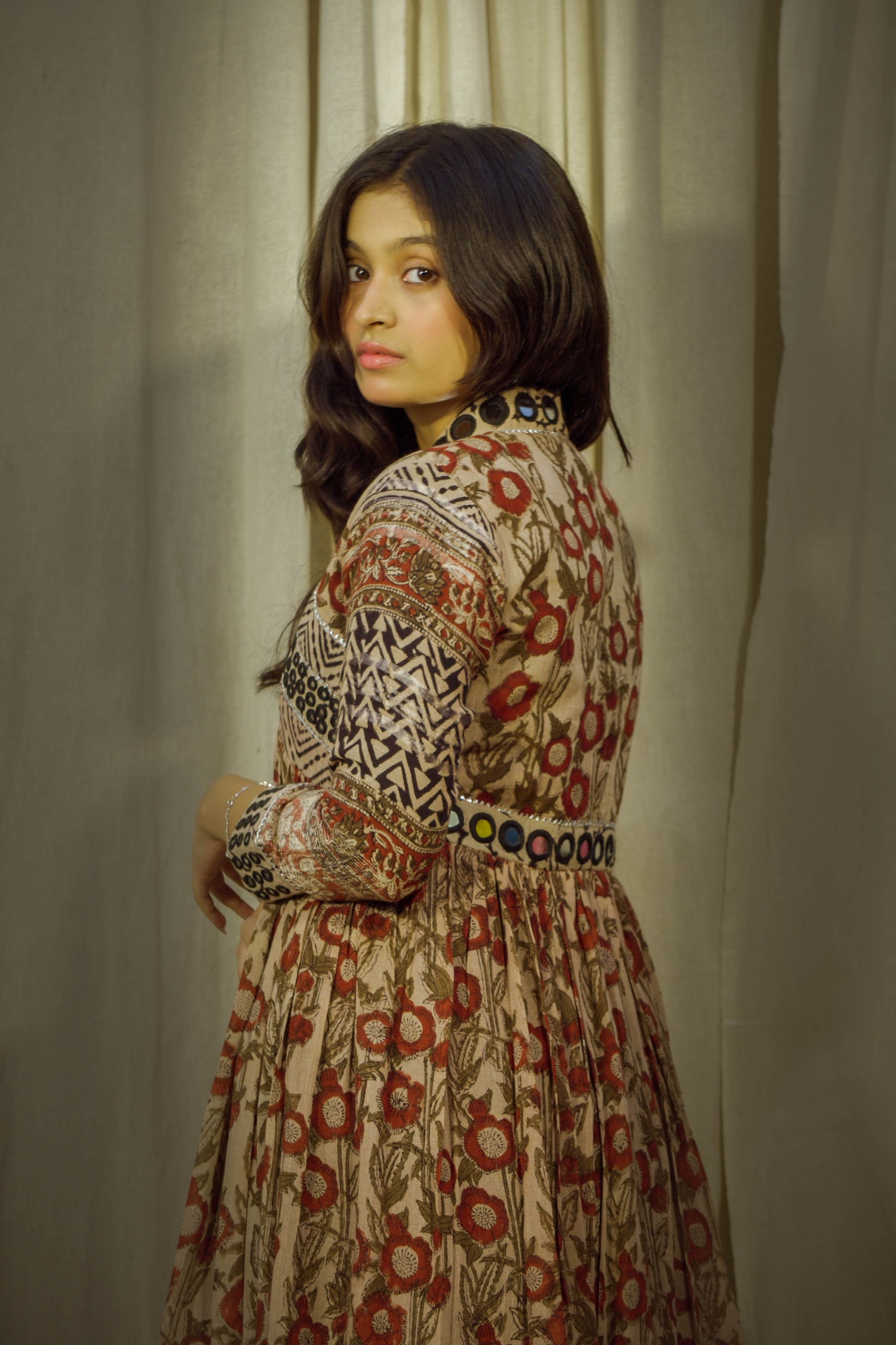 Crimson Bloom – Kalamkari Red Flower Mirror Work Linen Flared Dress