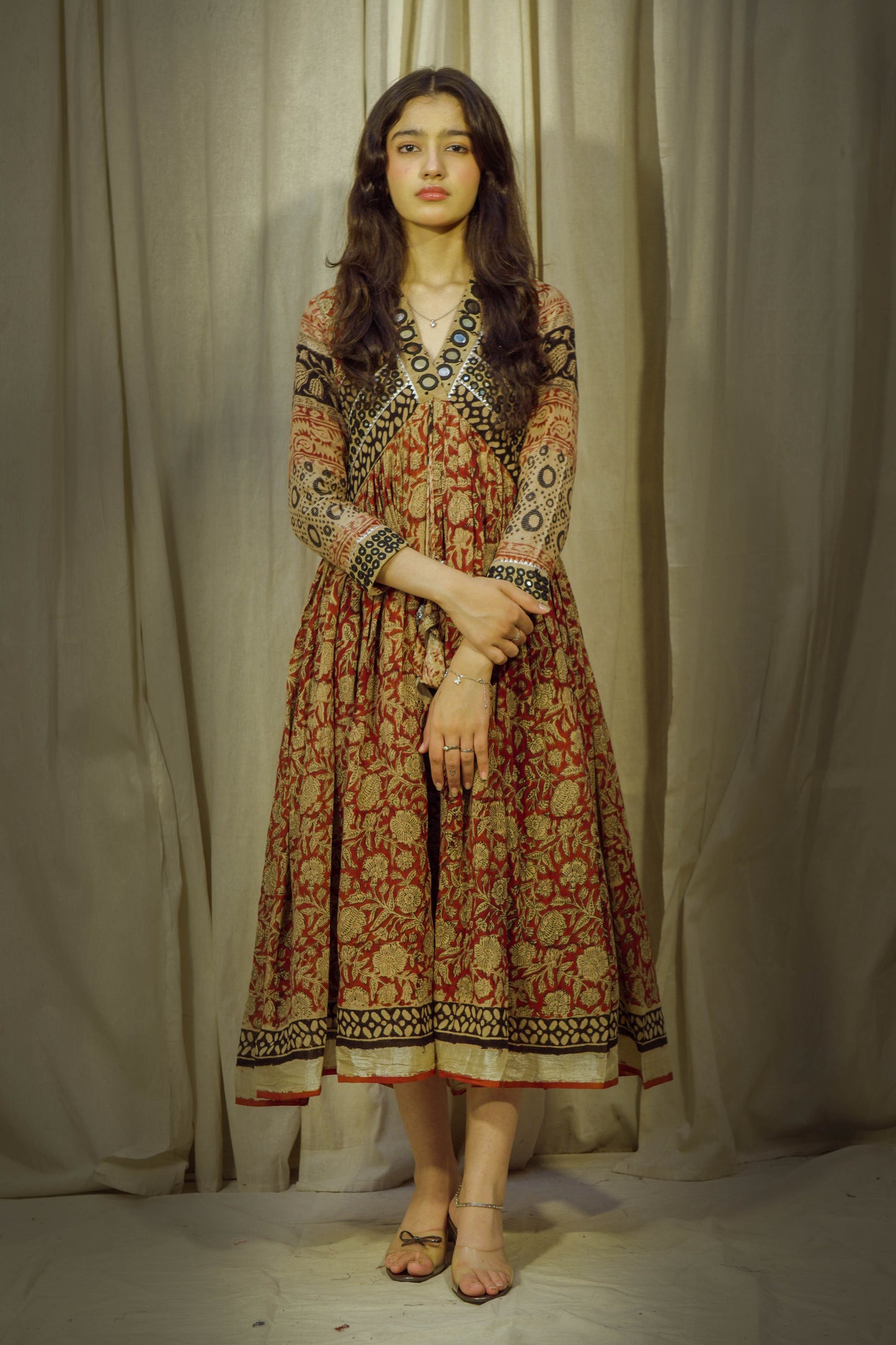 Eternal Blossom – Classic Kalamkari Mirror Work Linen Flared Dress