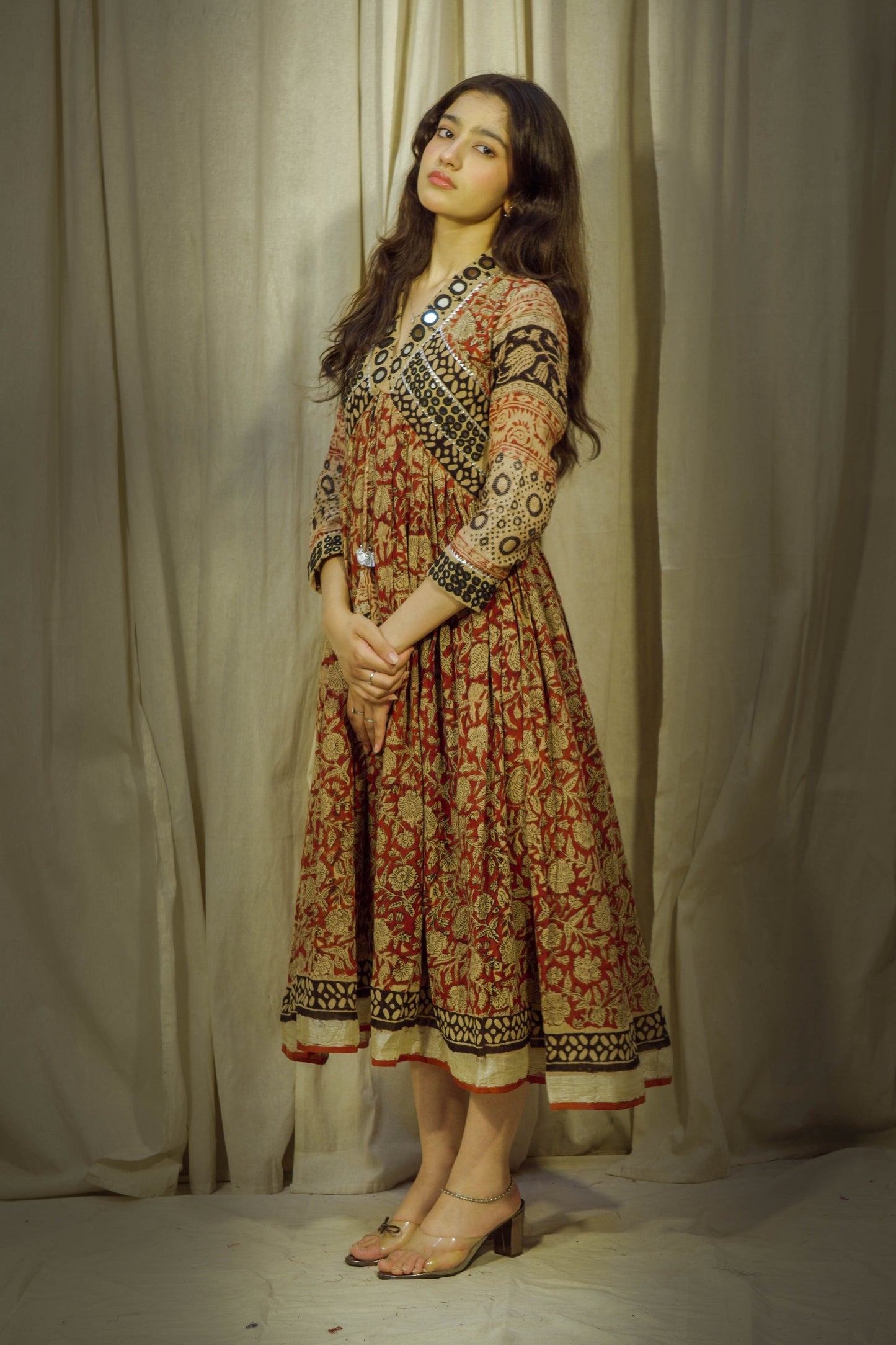 Eternal Blossom – Classic Kalamkari Mirror Work Linen Flared Dress