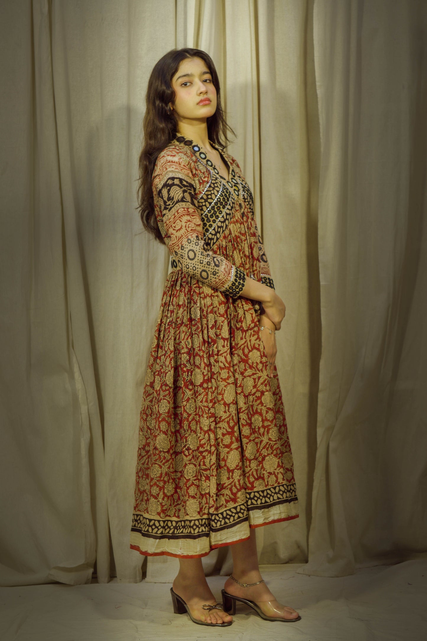 Eternal Blossom – Classic Kalamkari Mirror Work Linen Flared Dress
