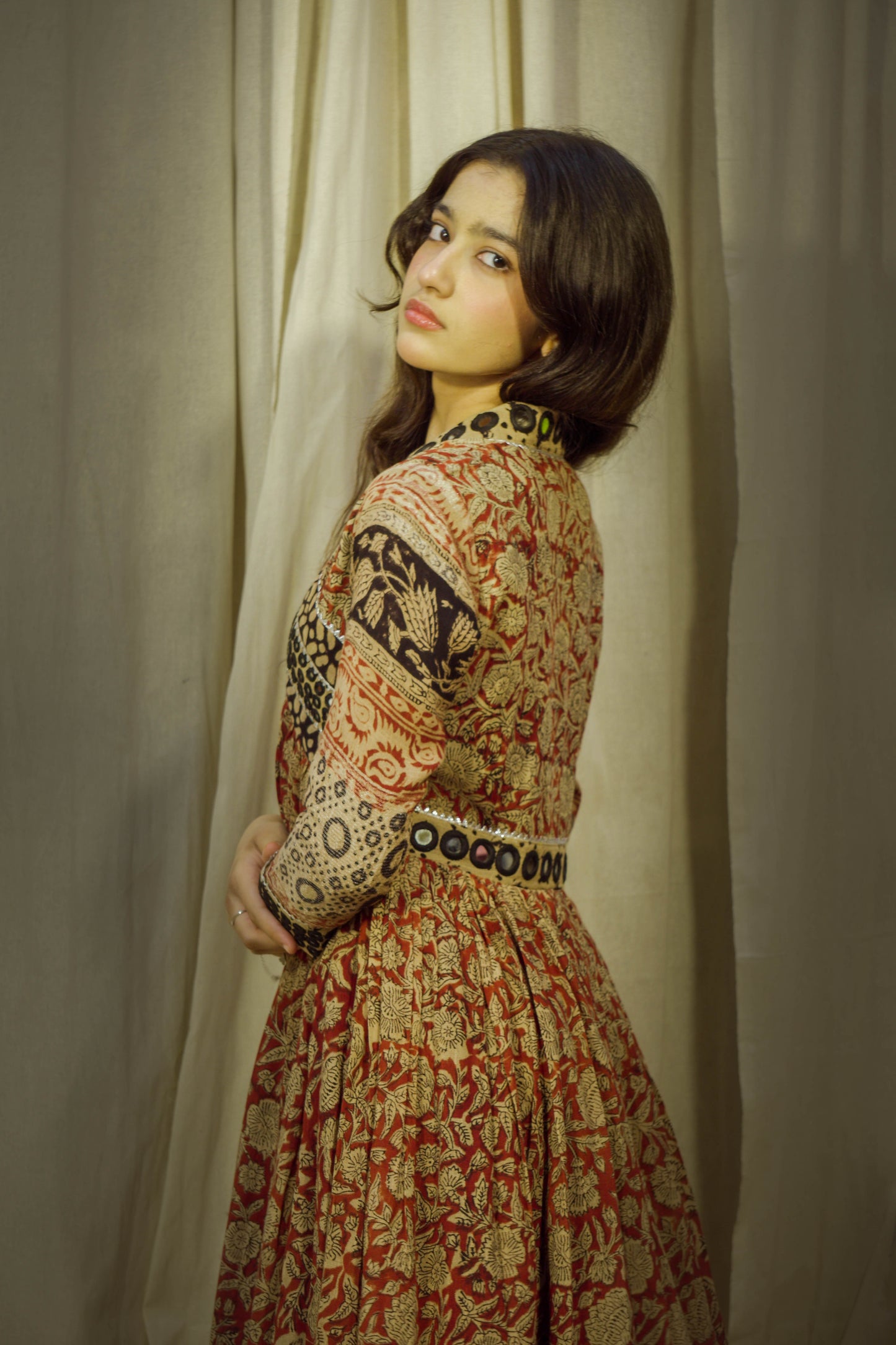 Eternal Blossom – Classic Kalamkari Mirror Work Linen Flared Dress