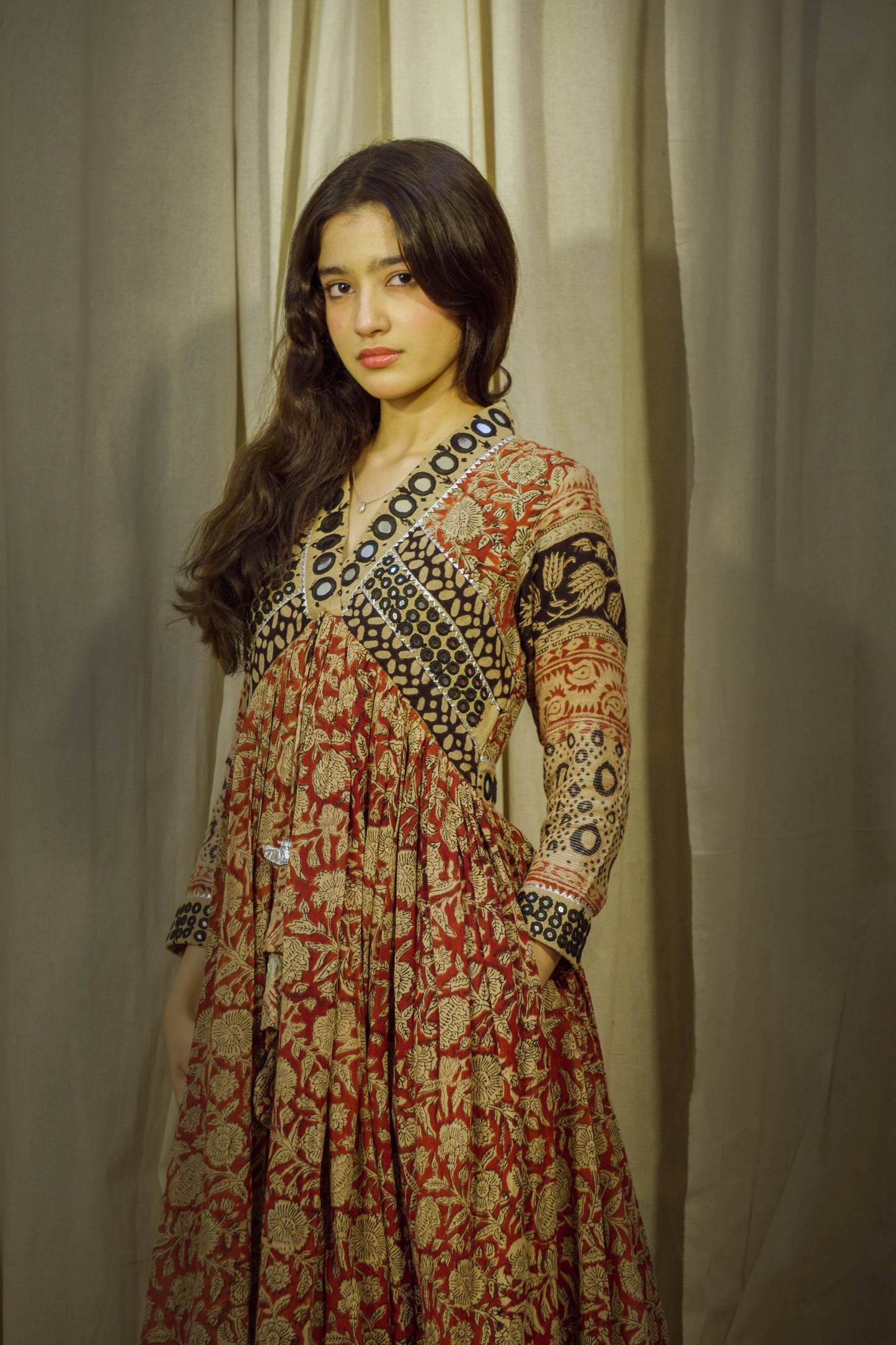 Eternal Blossom – Classic Kalamkari Mirror Work Linen Flared Dress